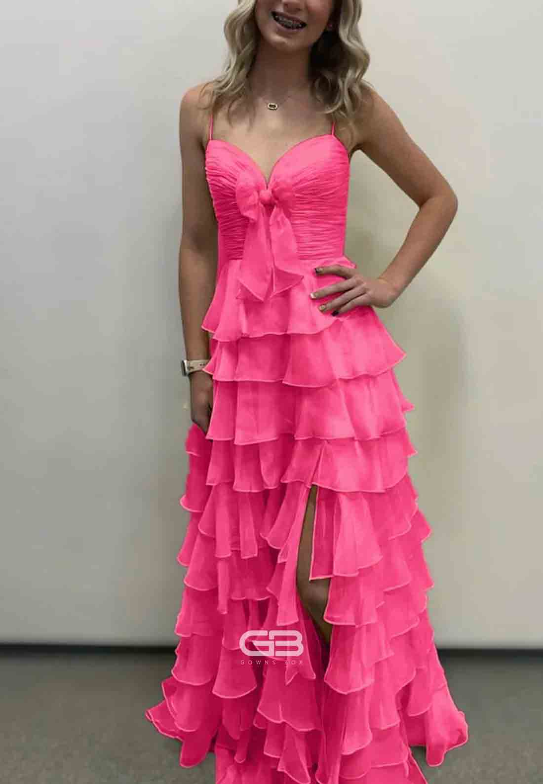 A Line Bowknot Spaghetti Straps Yellow High Slit Long Prom Dress with Ruffle 