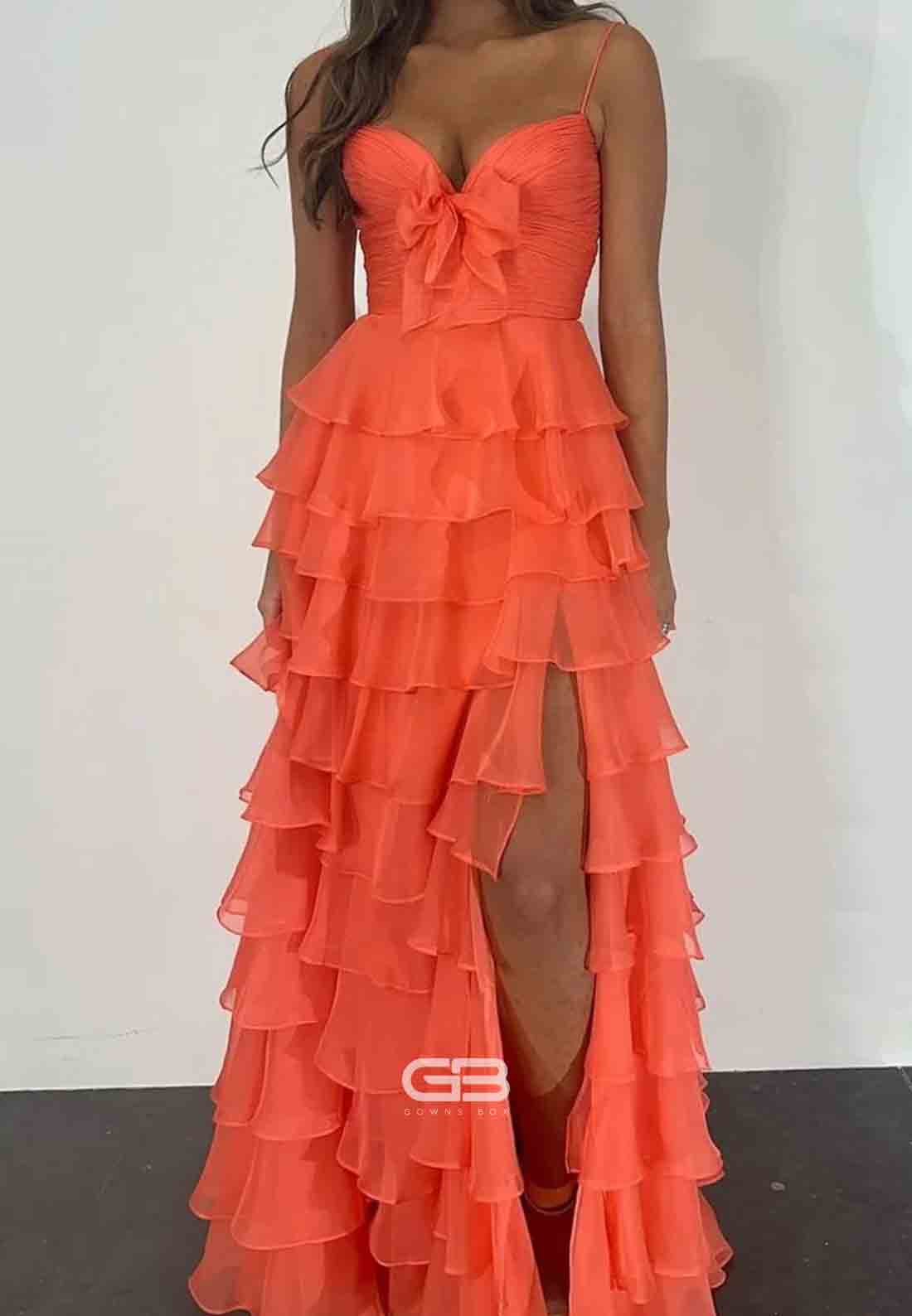 A Line Bowknot Spaghetti Straps Yellow High Slit Long Prom Dress with Ruffle 