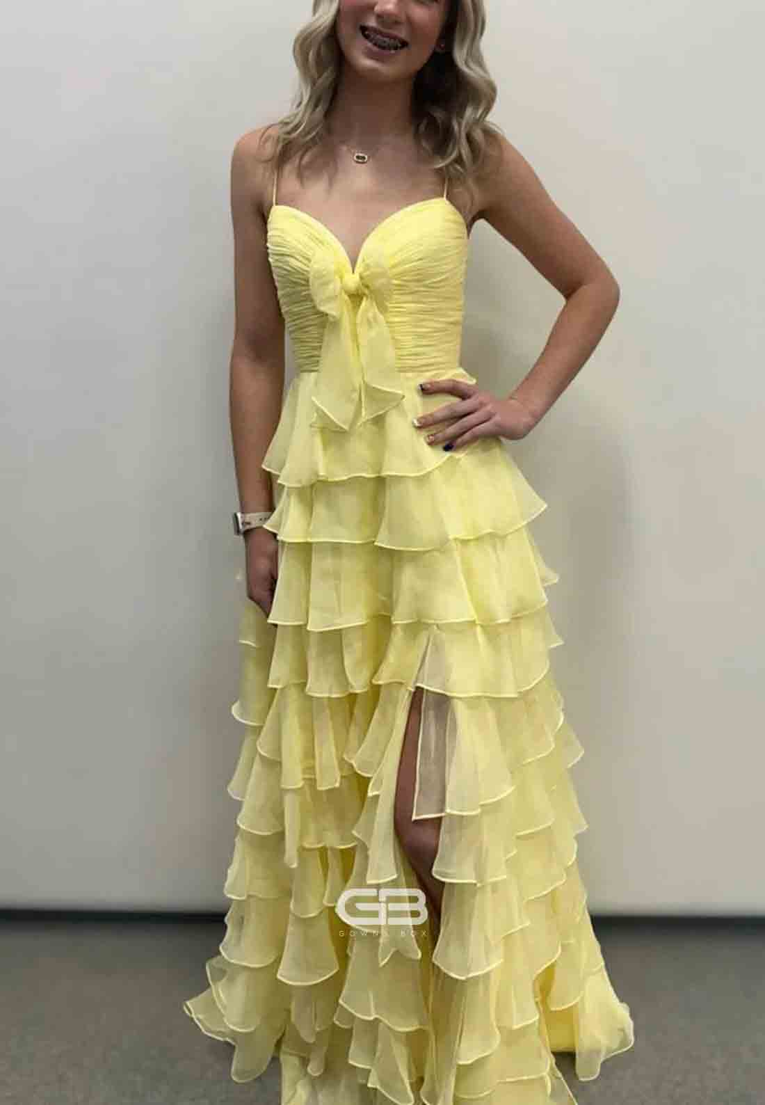 A Line Bowknot Spaghetti Straps Yellow High Slit Long Prom Dress with Ruffle 