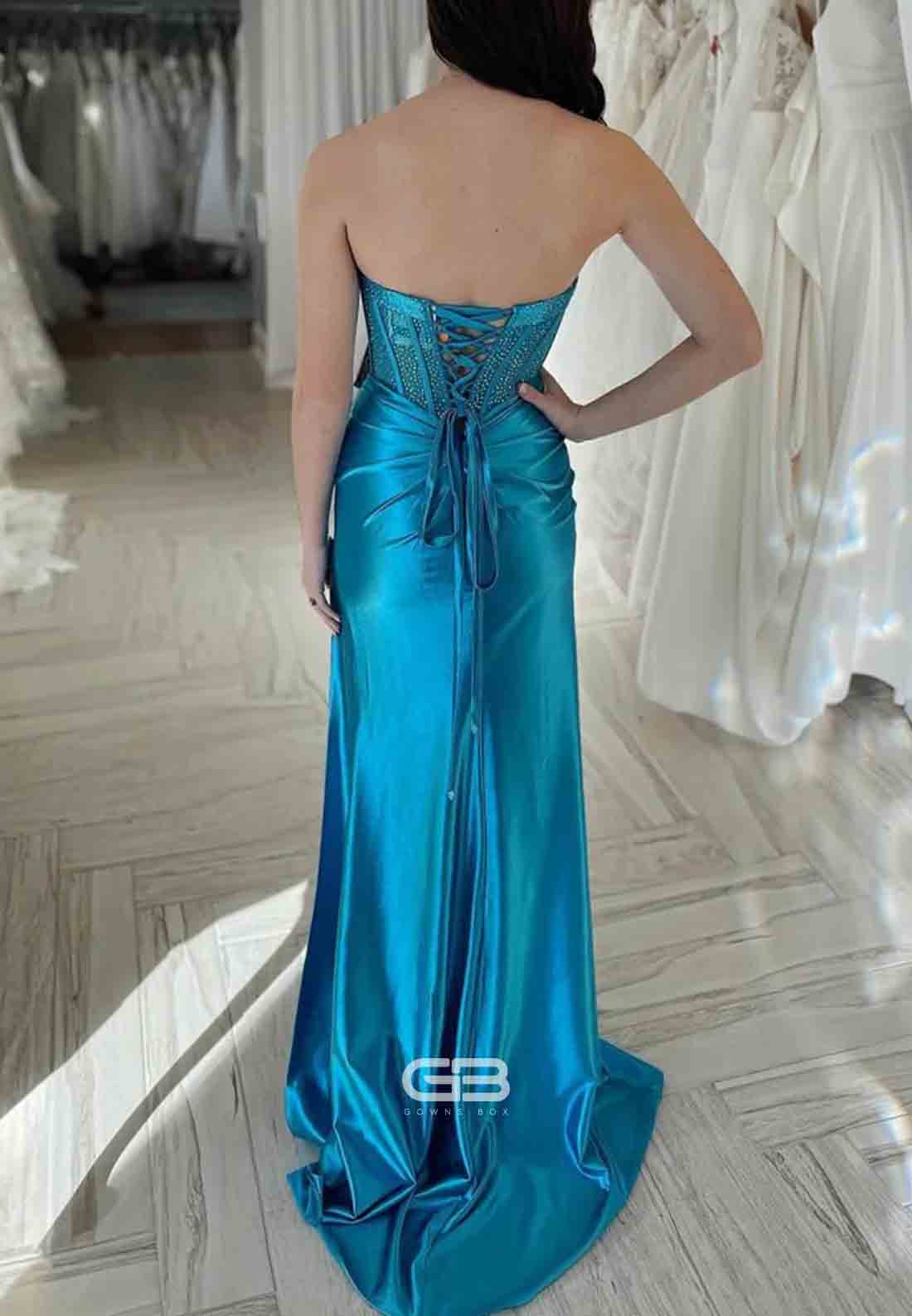 Strapless Satin Beaded Sweetheart Mermaid Long Prom Dresses with High Slit