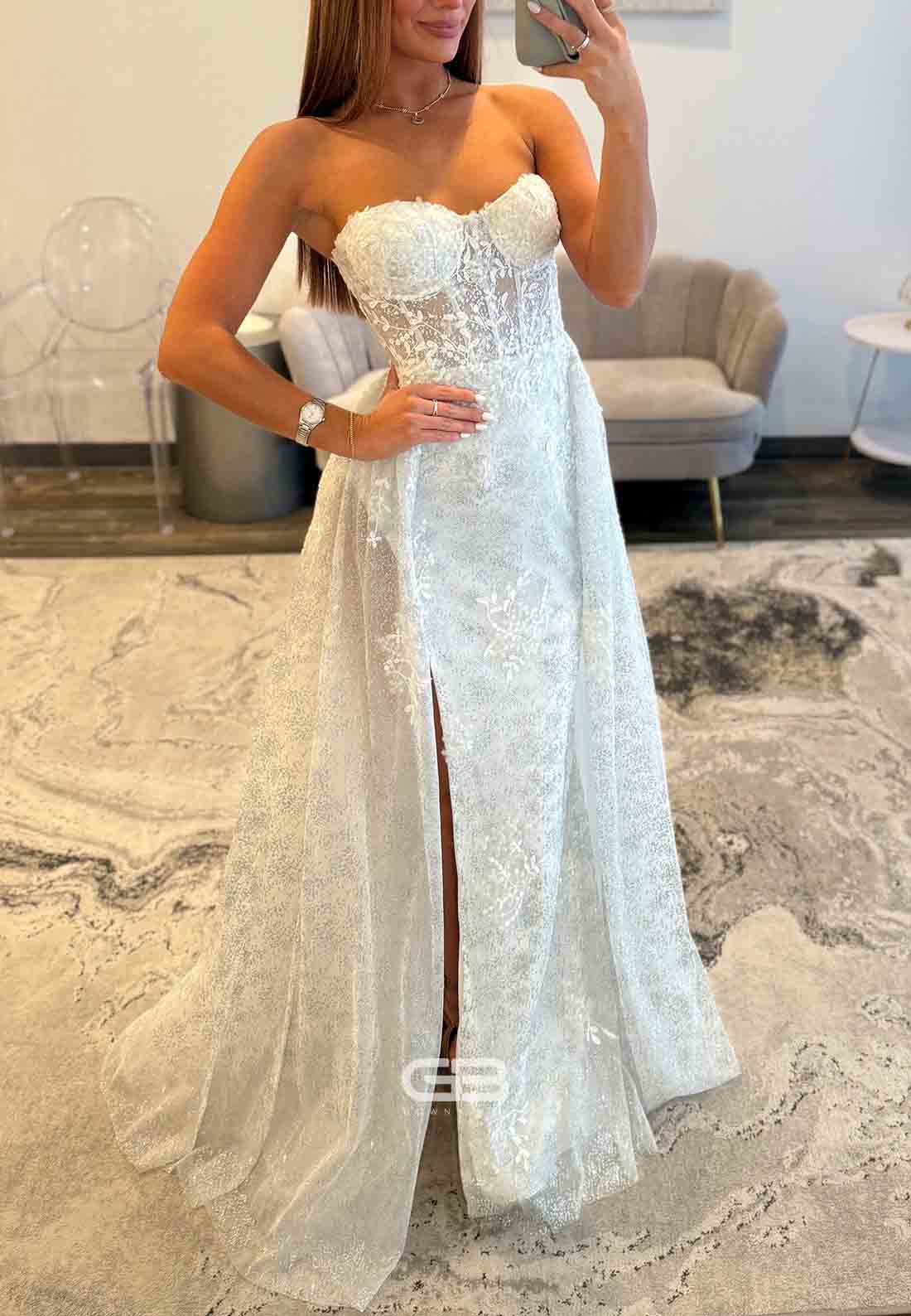 Sweetheart Floor-Length White High Slit Strapless Embroidery Prom Dresses