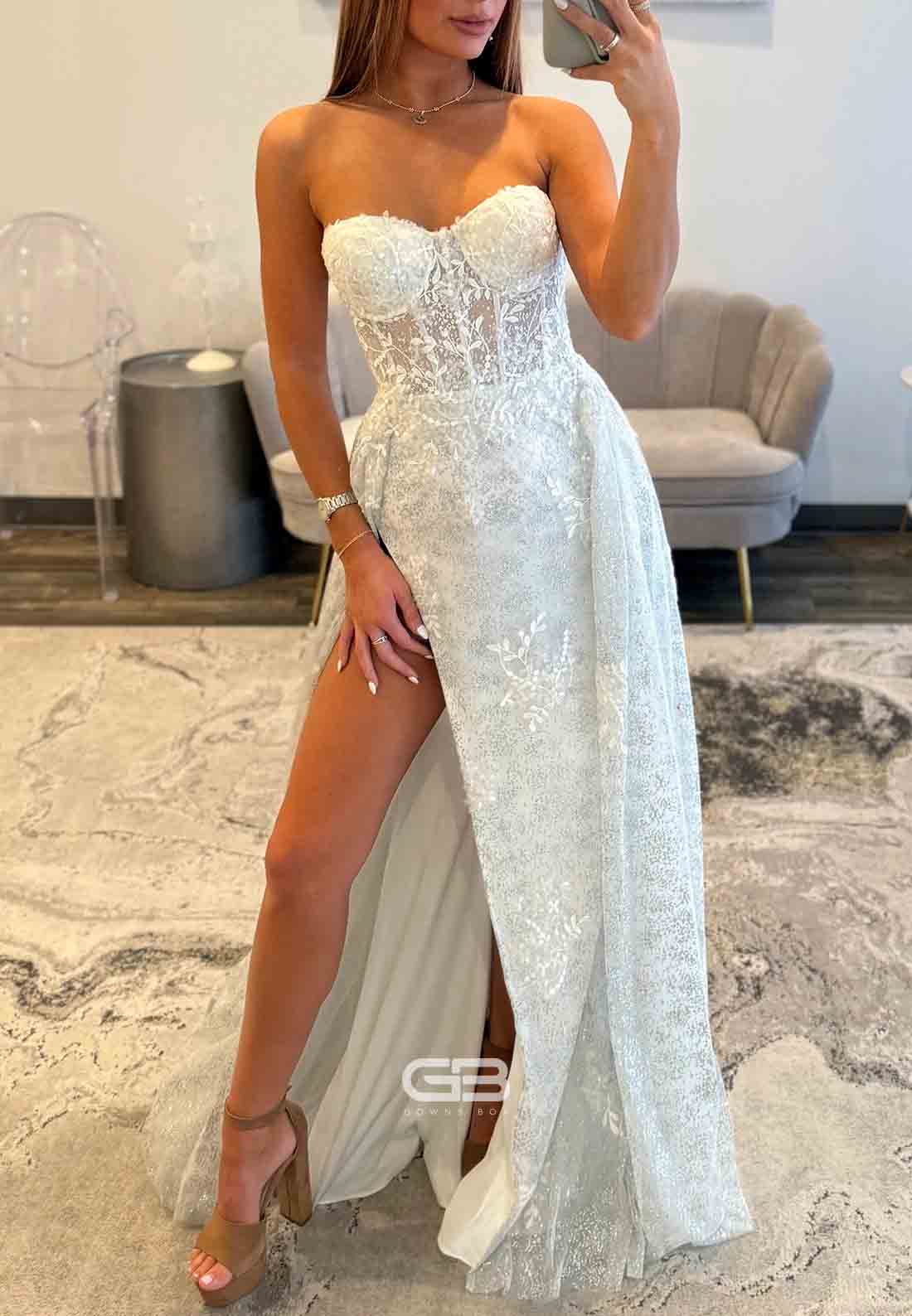 Sweetheart Floor-Length White High Slit Strapless Embroidery Prom Dresses