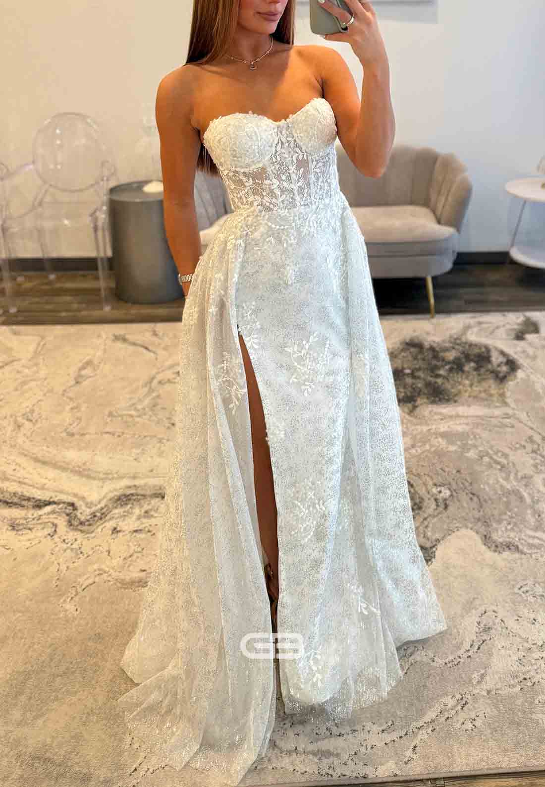Sweetheart Floor-Length White High Slit Strapless Embroidery Prom Dresses