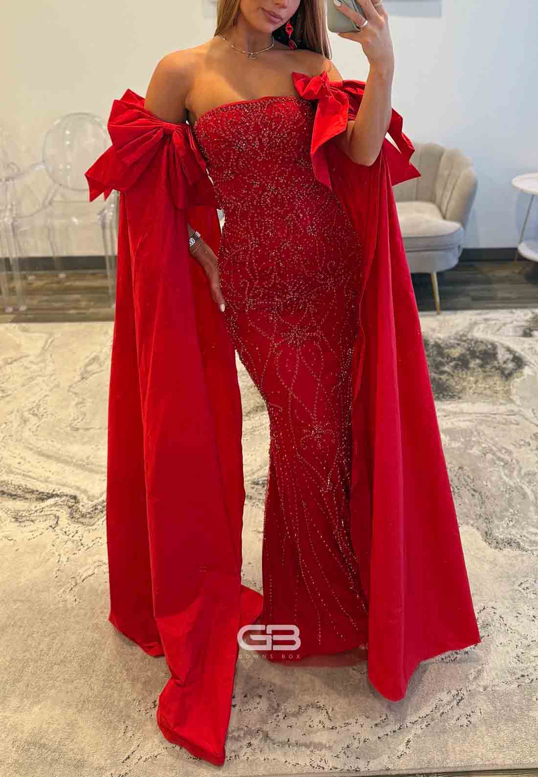 Sheath Off the Shoulder Red Prom Dresses with Beading and Bowknot