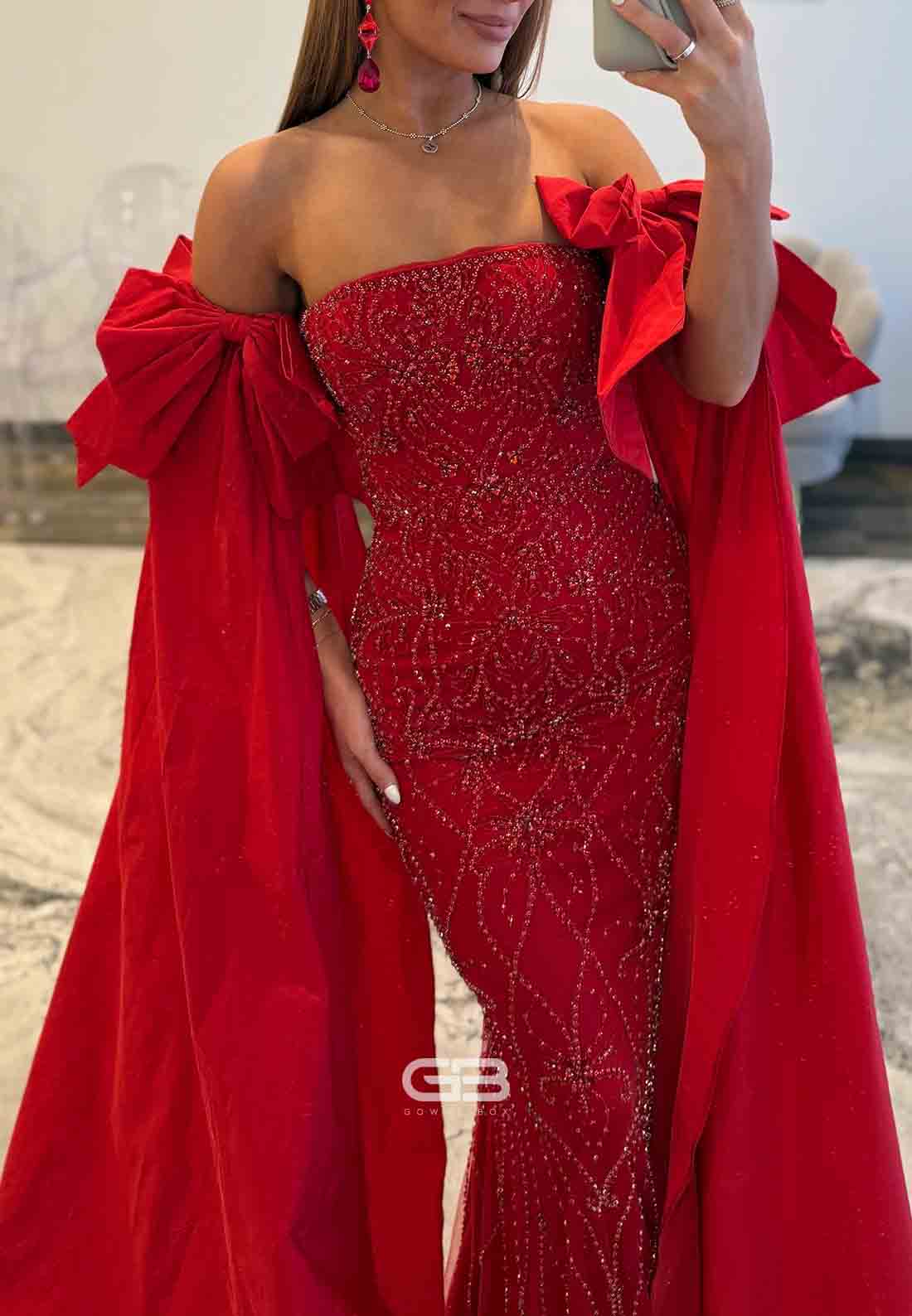 Sheath Off the Shoulder Red Prom Dresses with Beading and Bowknot