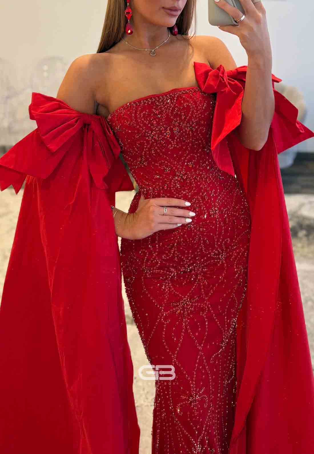 Sheath Off the Shoulder Red Prom Dresses with Beading and Bowknot