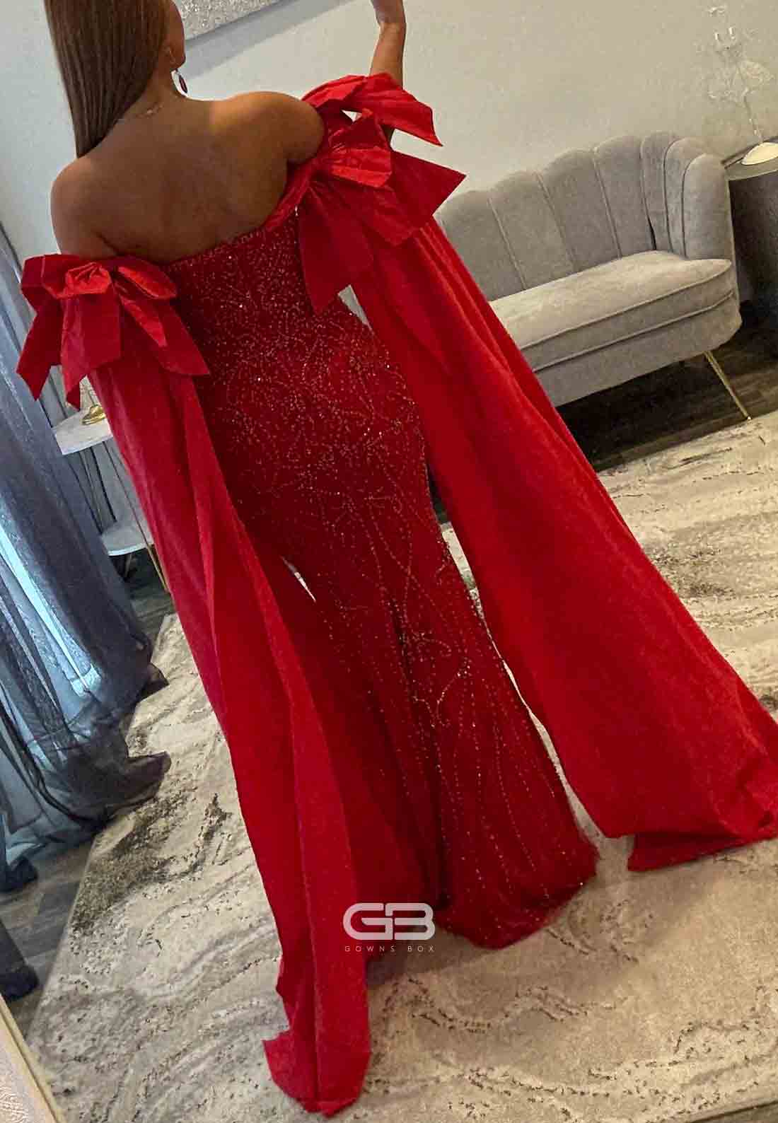 Sheath Off the Shoulder Red Prom Dresses with Beading and Bowknot