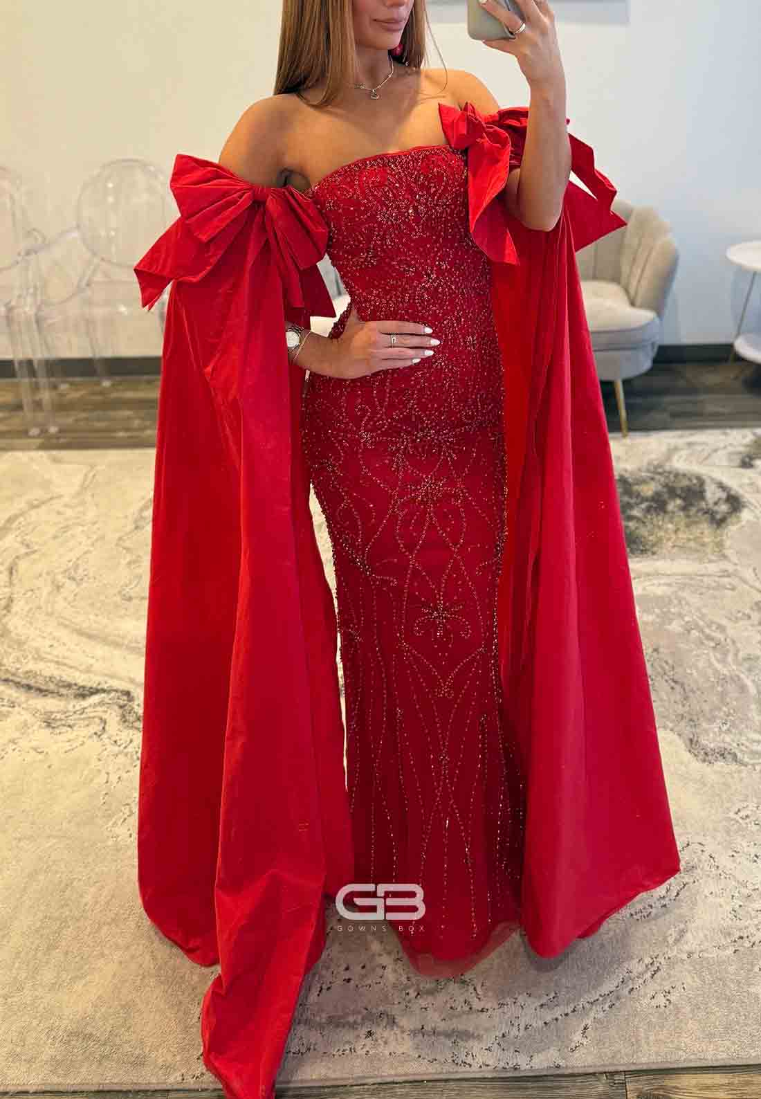 Sheath Off the Shoulder Red Prom Dresses with Beading and Bowknot