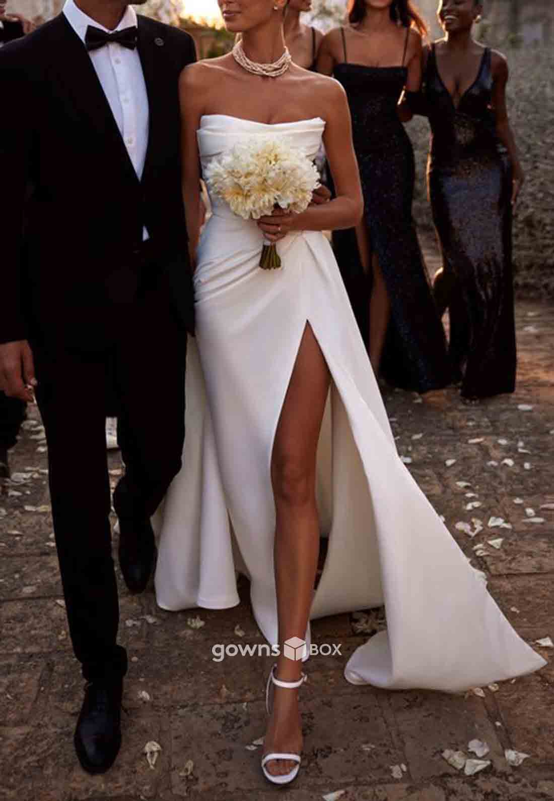 High Slit Strapless Simple Satin Sleeveless Pleated Beach Wedding Dresses-GownsBox