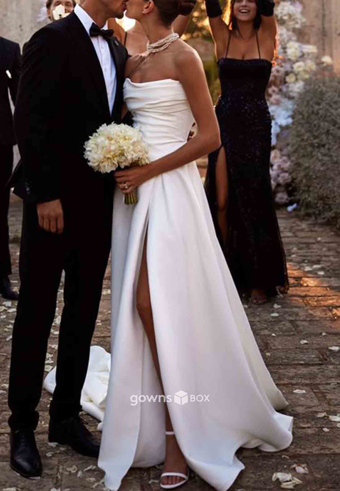 High Slit Strapless Simple Satin Sleeveless Pleated Beach Wedding Dresses-GownsBox