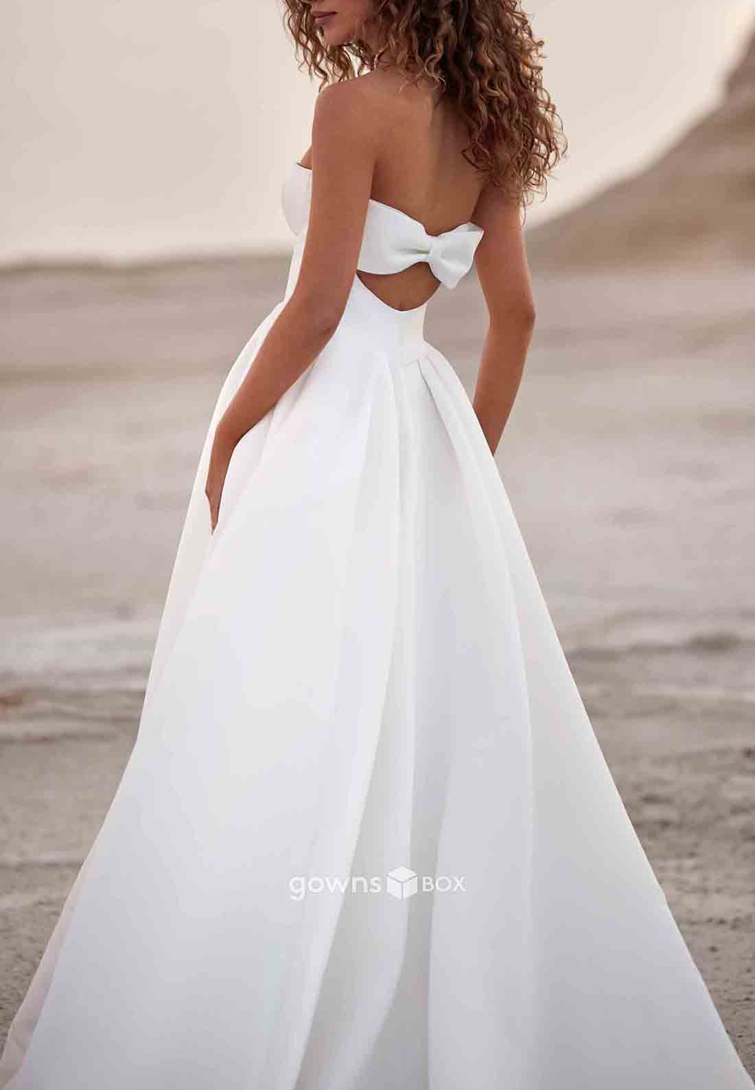 Strapless Bowknot Simple Court Train Pleated Sleeveless Beach Wedding Dresses-GownsBox