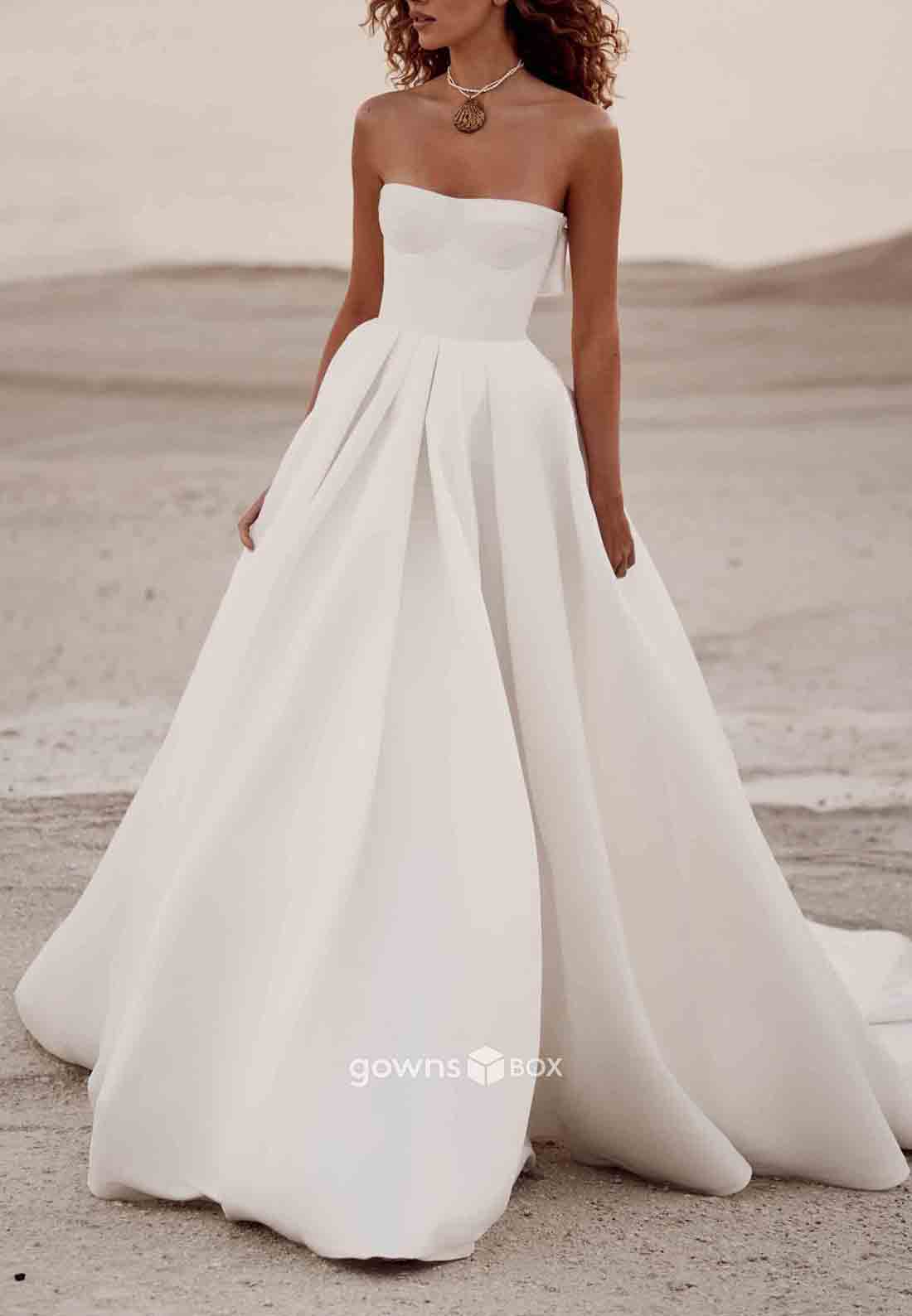 Strapless Bowknot Simple Court Train Pleated Sleeveless Beach Wedding Dresses-GownsBox