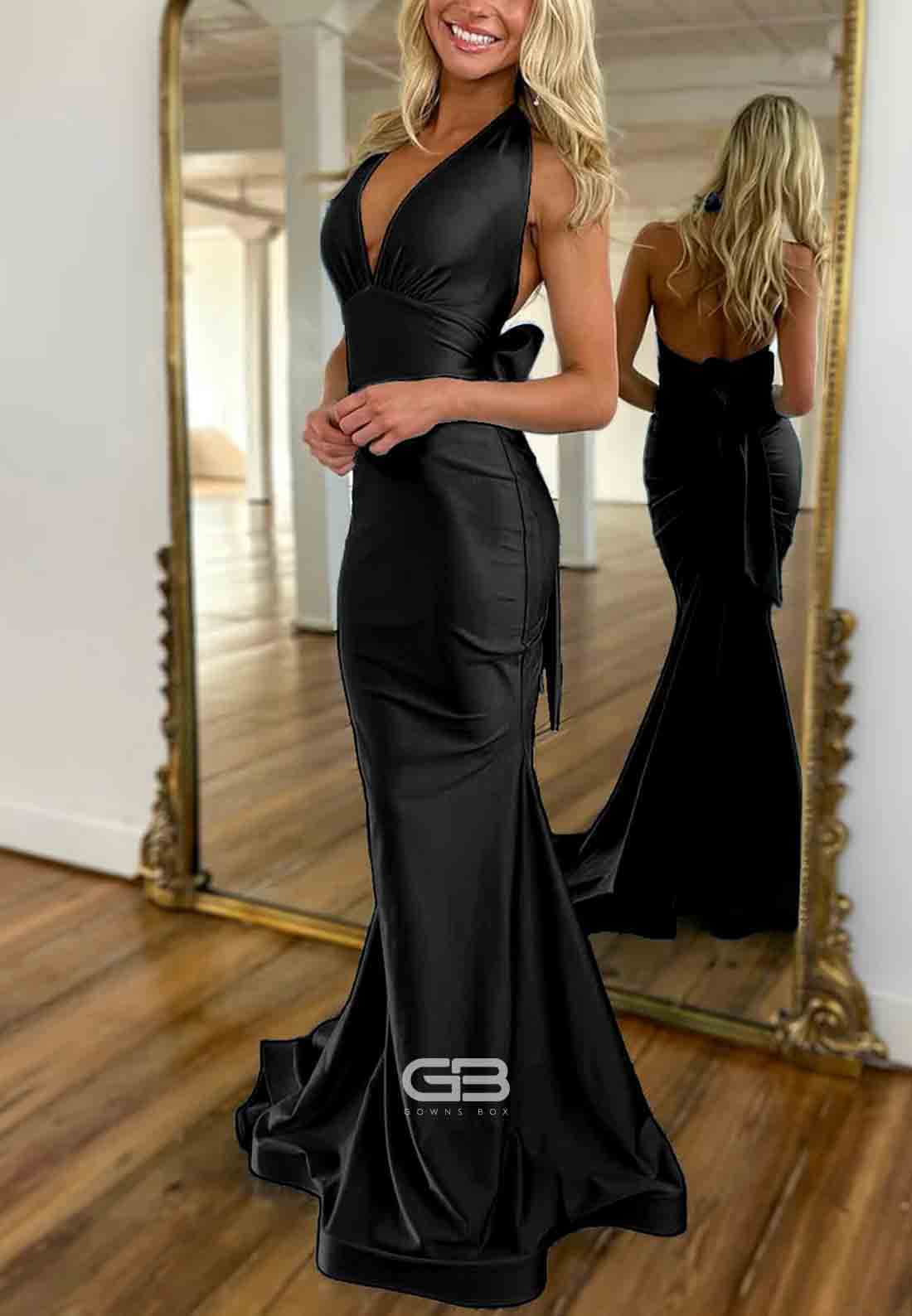 Low V-Neck Floor-Length Mermaid Prom Dresses with Bowknot