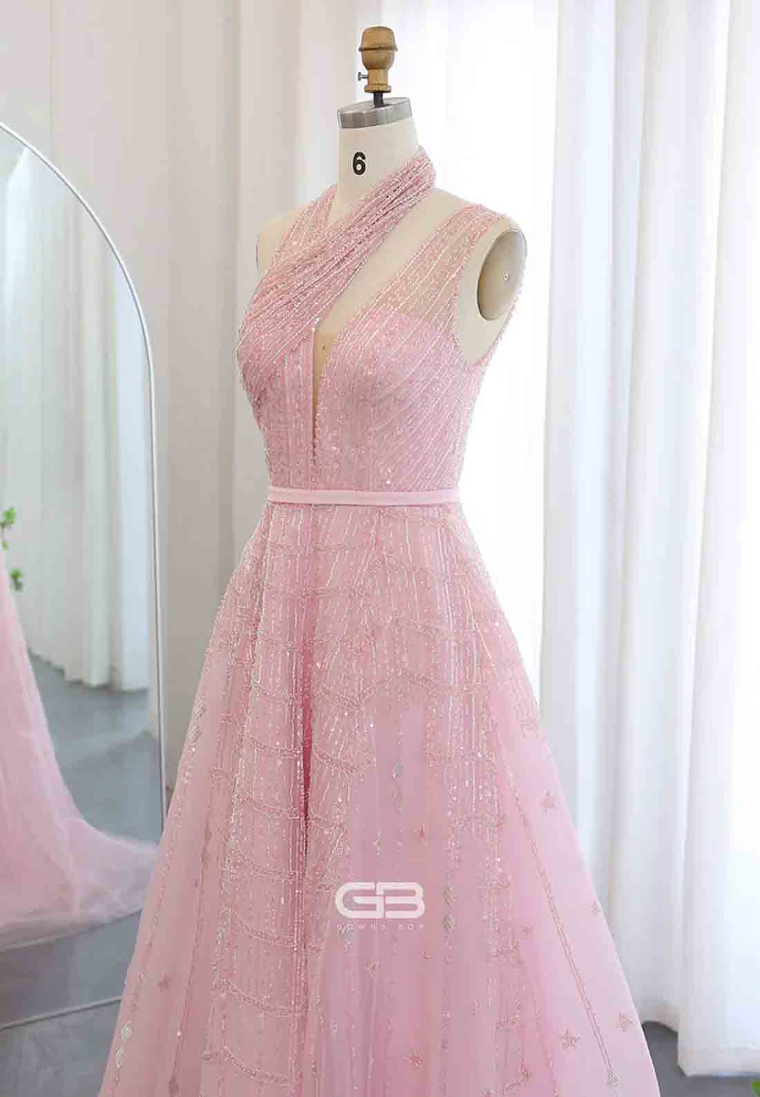 Luxury Beaded Prom Dresses A-Line Halter One Shoulder Evening Dress with Beading