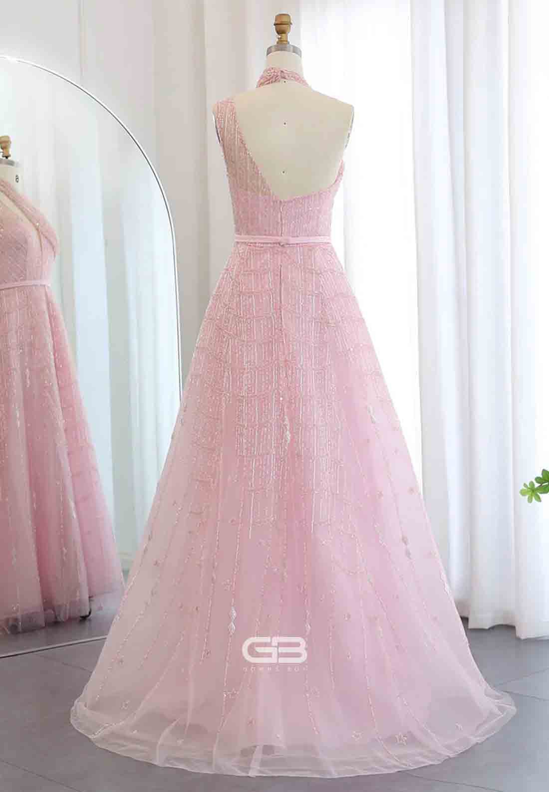 Luxury Beaded Prom Dresses A-Line Halter One Shoulder Evening Dress with Beading