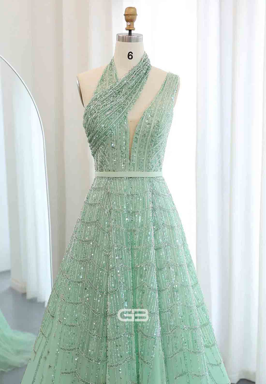 Luxury Beaded Prom Dresses A-Line Halter One Shoulder Evening Dress with Beading