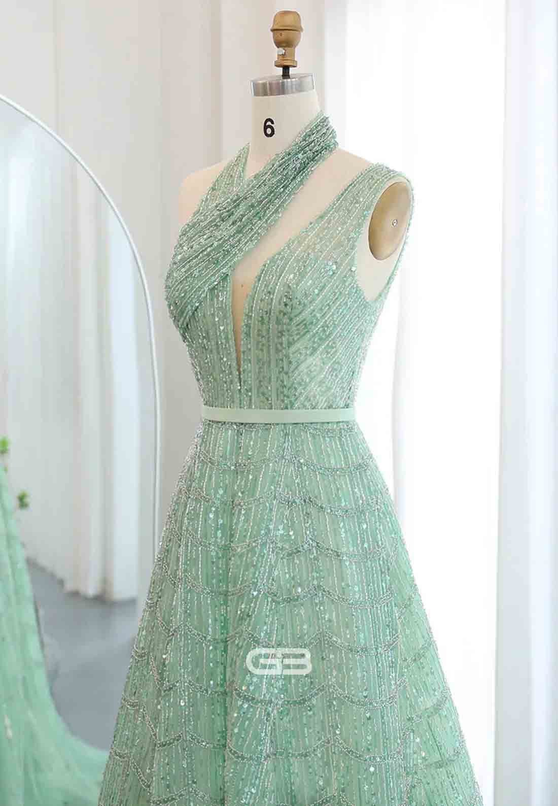 Luxury Beaded Prom Dresses A-Line Halter One Shoulder Evening Dress with Beading