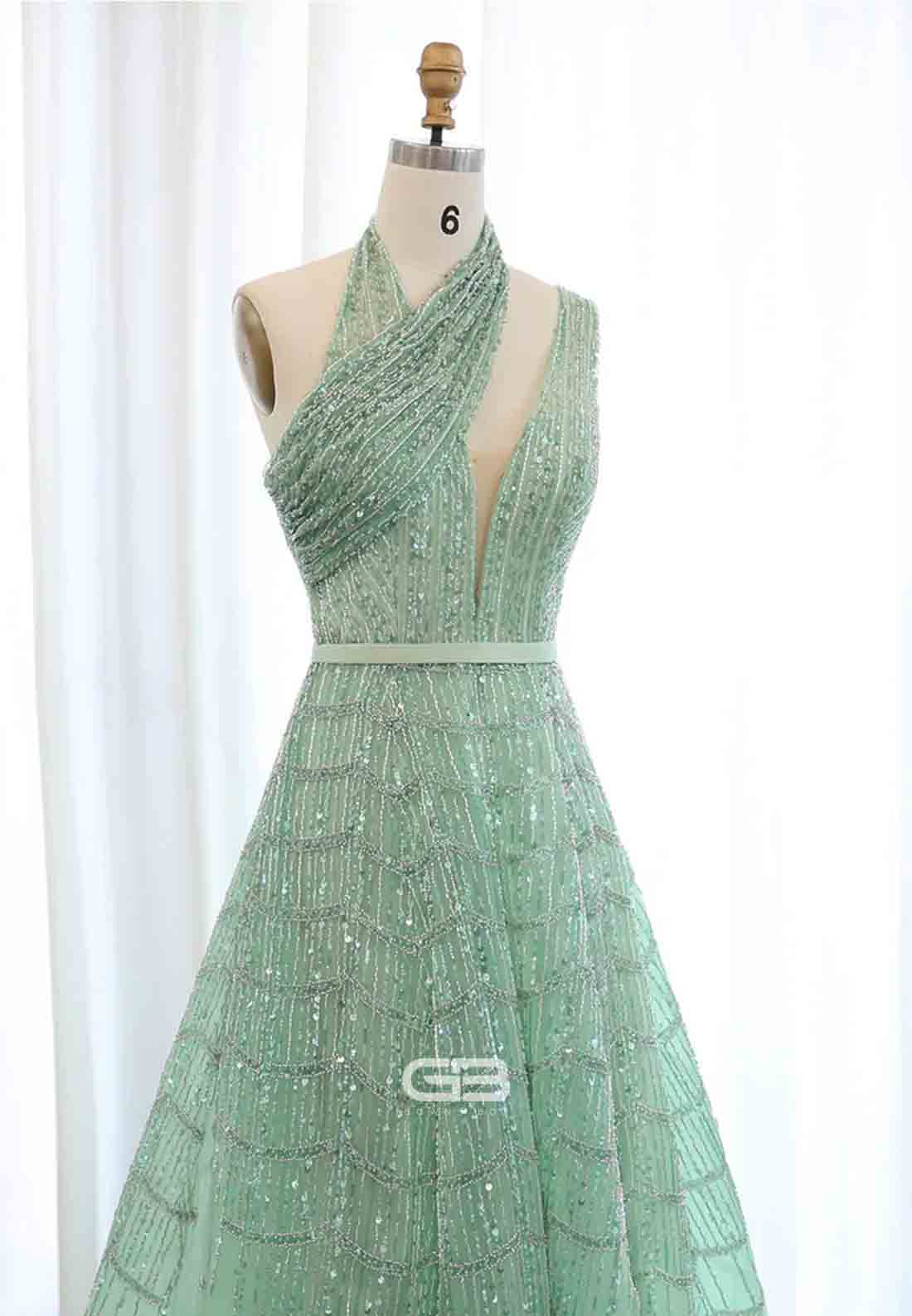 Luxury Beaded Prom Dresses A-Line Halter One Shoulder Evening Dress with Beading