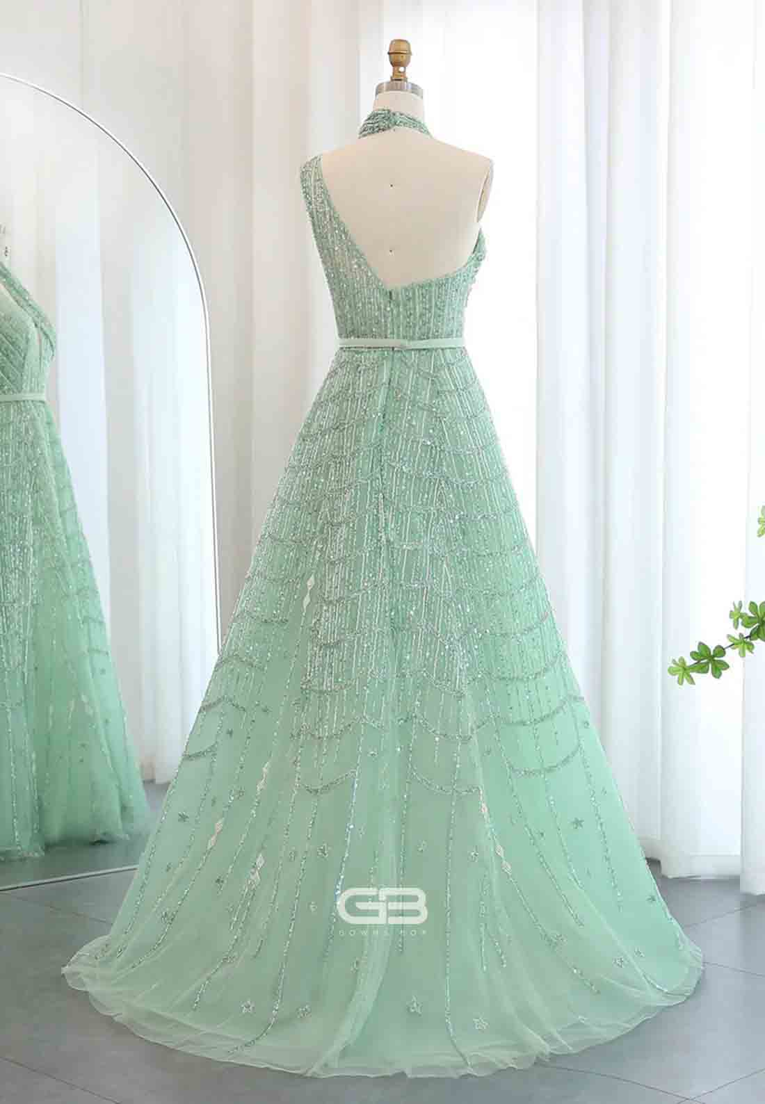 Luxury Beaded Prom Dresses A-Line Halter One Shoulder Evening Dress with Beading