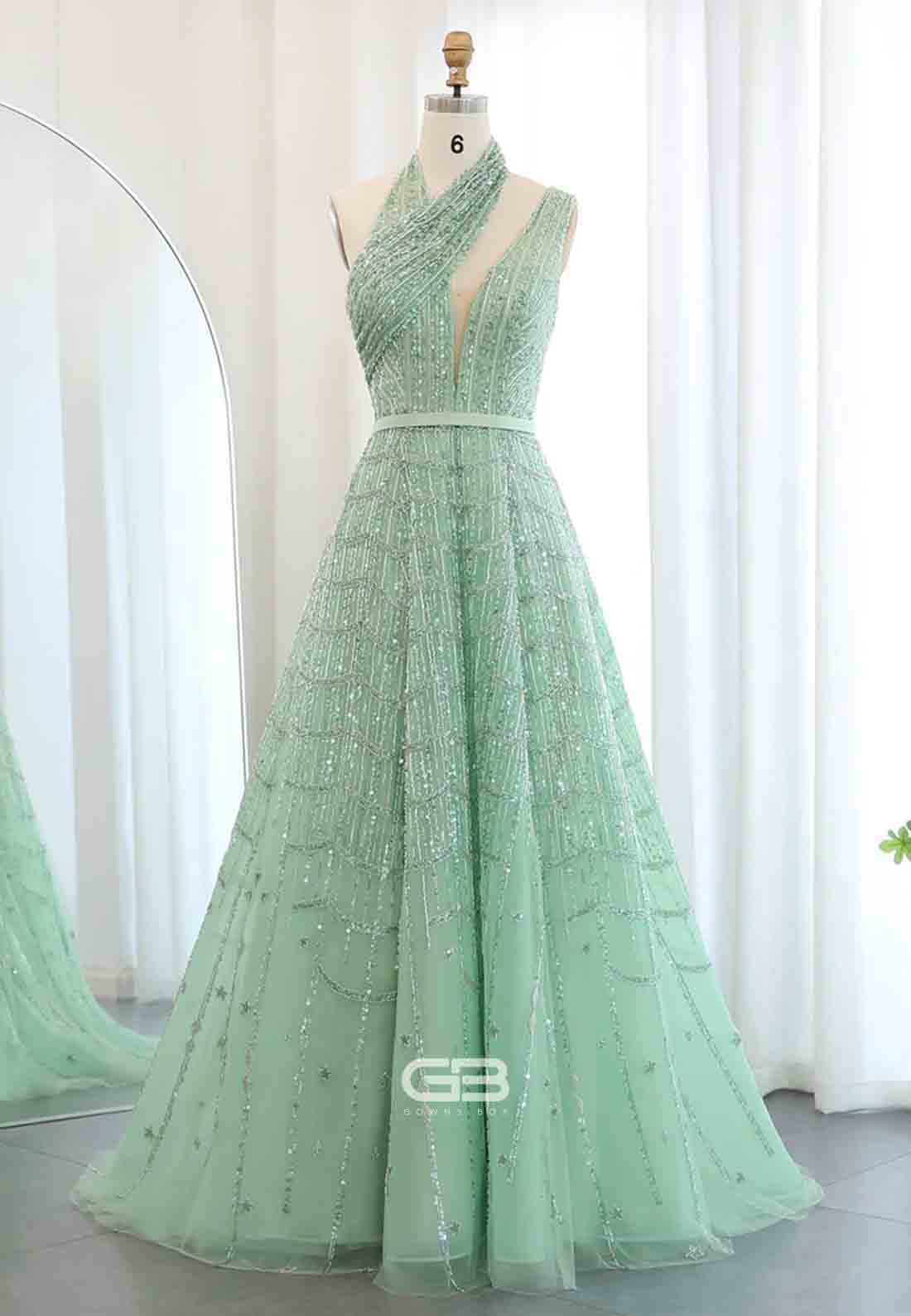 Luxury Beaded Prom Dresses A-Line Halter One Shoulder Evening Dress with Beading