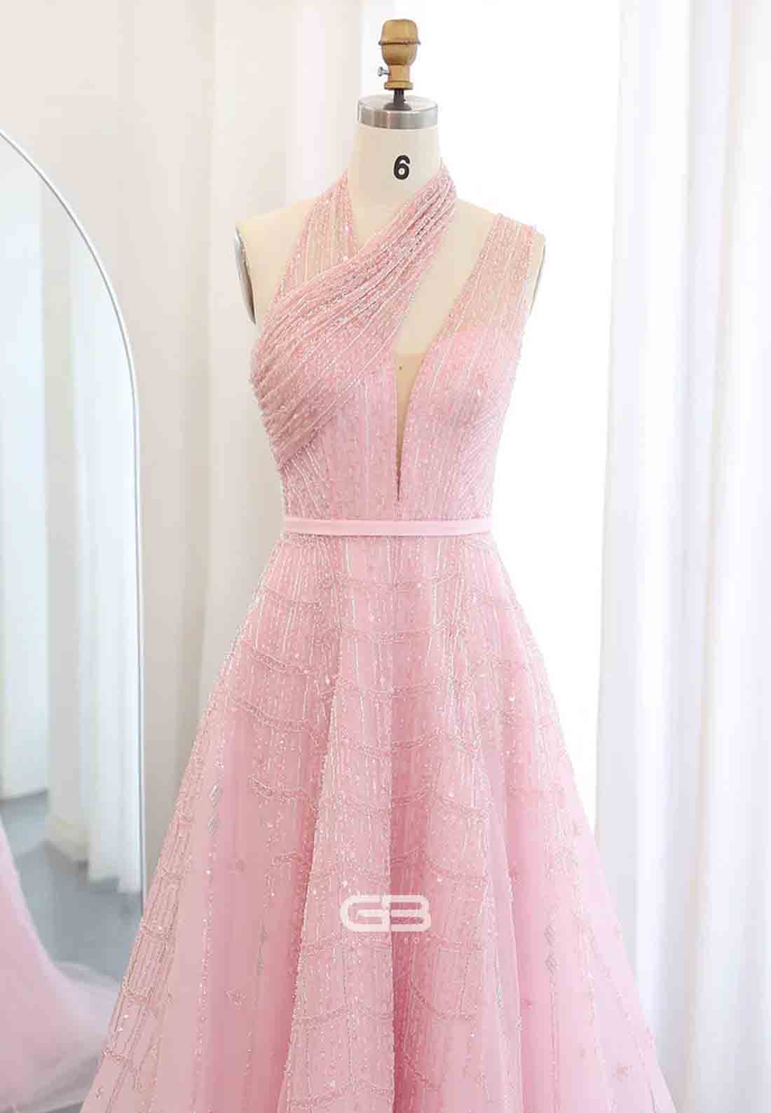 Luxury Beaded Prom Dresses A-Line Halter One Shoulder Evening Dress with Beading