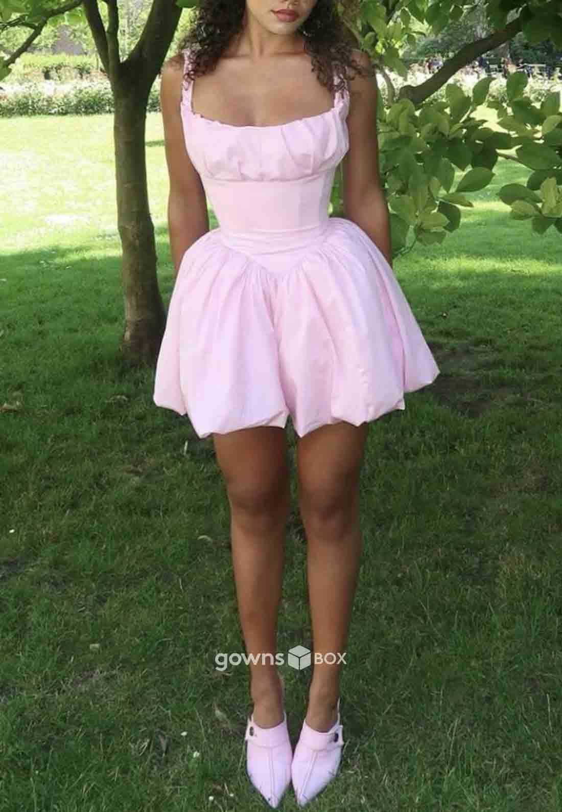 Square Neck Sleeveless Regular Straps A-Line Pleated Mini Homecoming Dresses-GownsBox