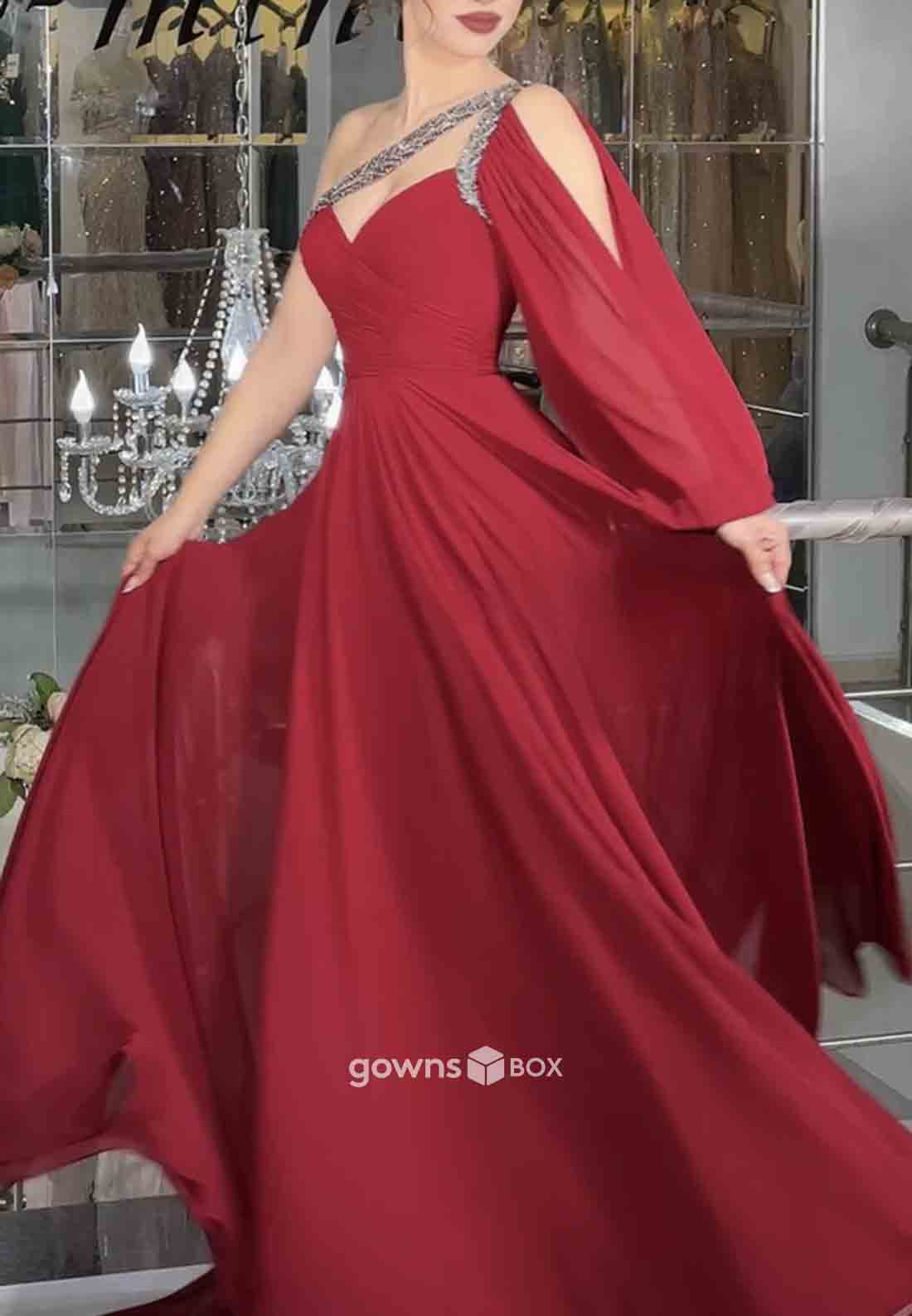 One Shoulder A-Line High Slit Pleated Floor-Length Ruched Formal Gowns-GownsBox