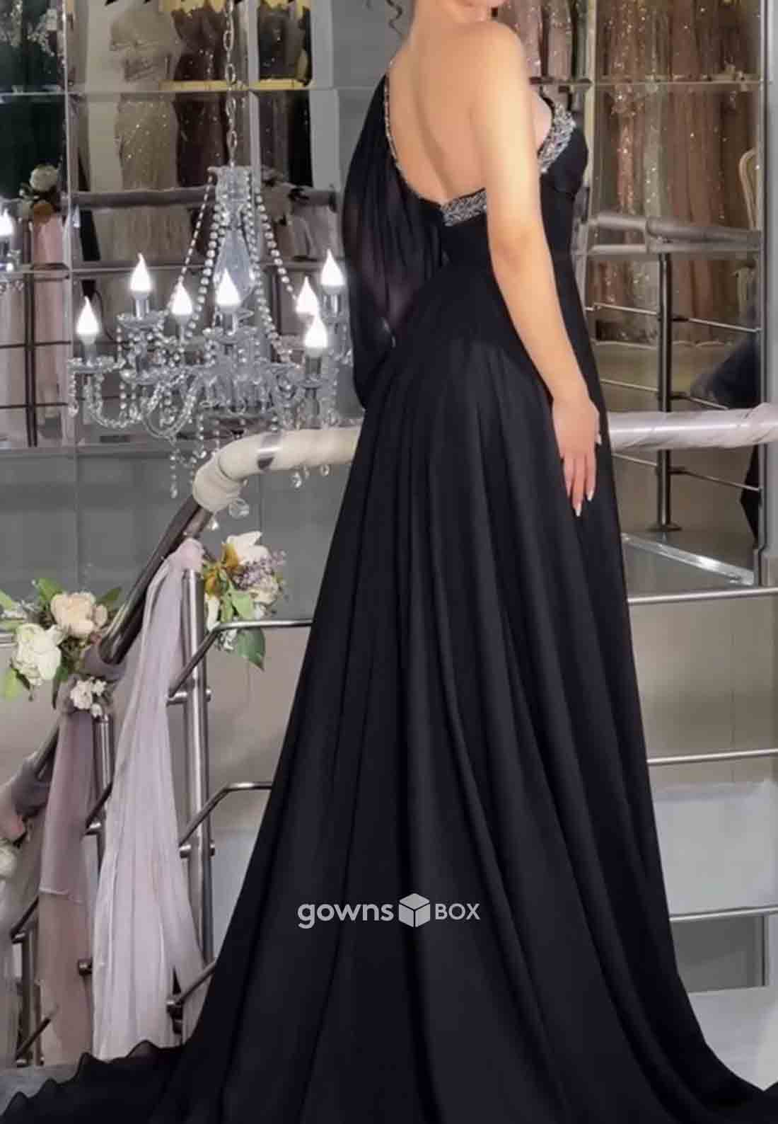 One Shoulder A-Line High Slit Pleated Floor-Length Ruched Formal Gowns-GownsBox