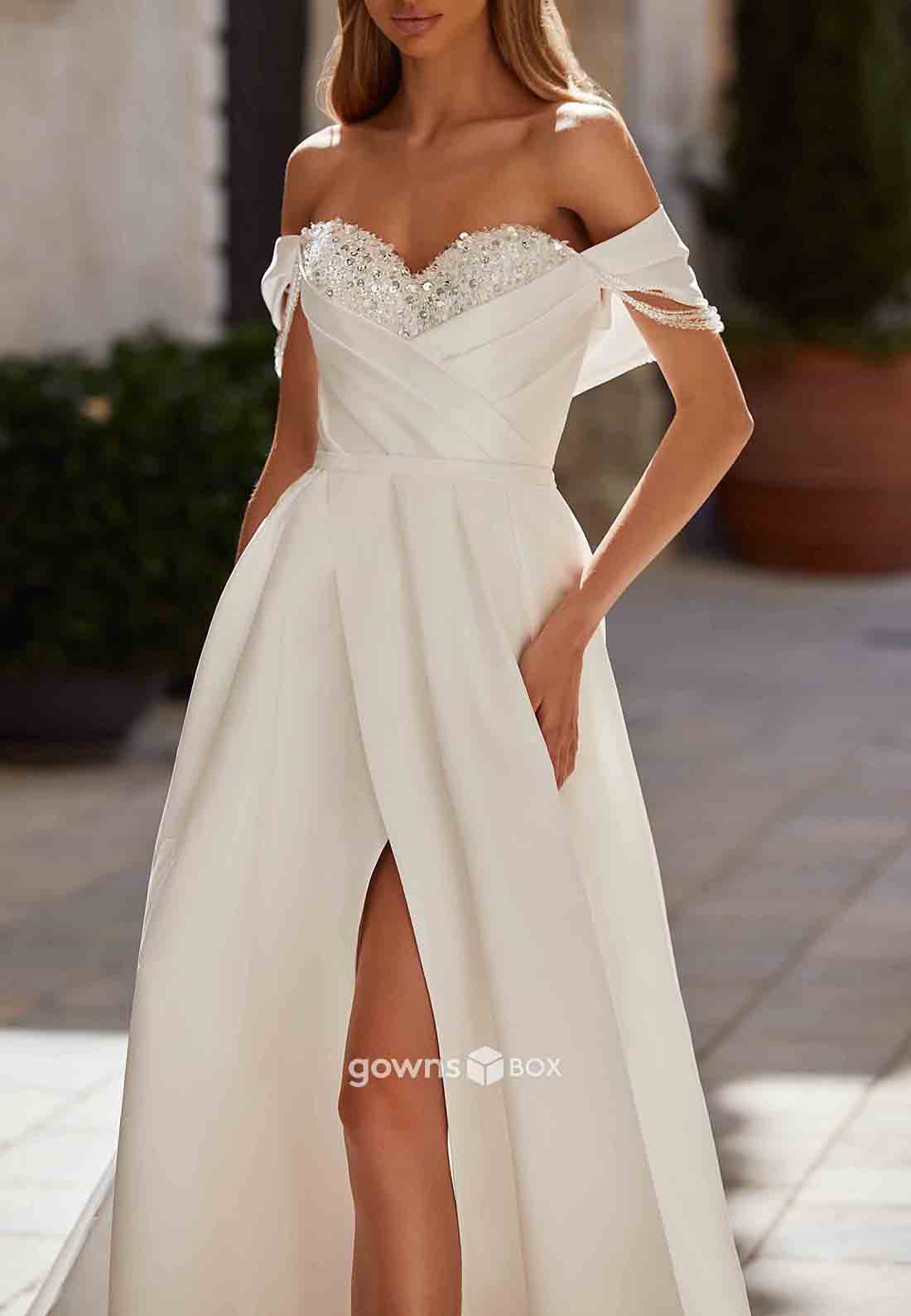 High Slit Sweetheart Pleated Off-Shoulder Crisscross Back Wedding Dresses-GownsBox