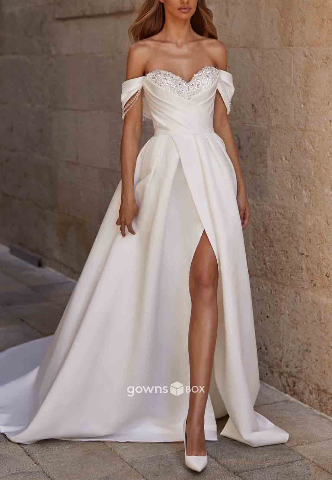 High Slit Sweetheart Pleated Off-Shoulder Crisscross Back Wedding Dresses-GownsBox