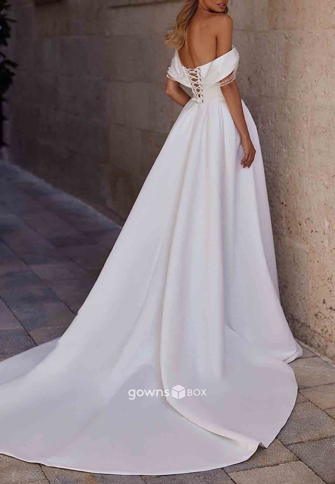 High Slit Sweetheart Pleated Off-Shoulder Crisscross Back Wedding Dresses-GownsBox