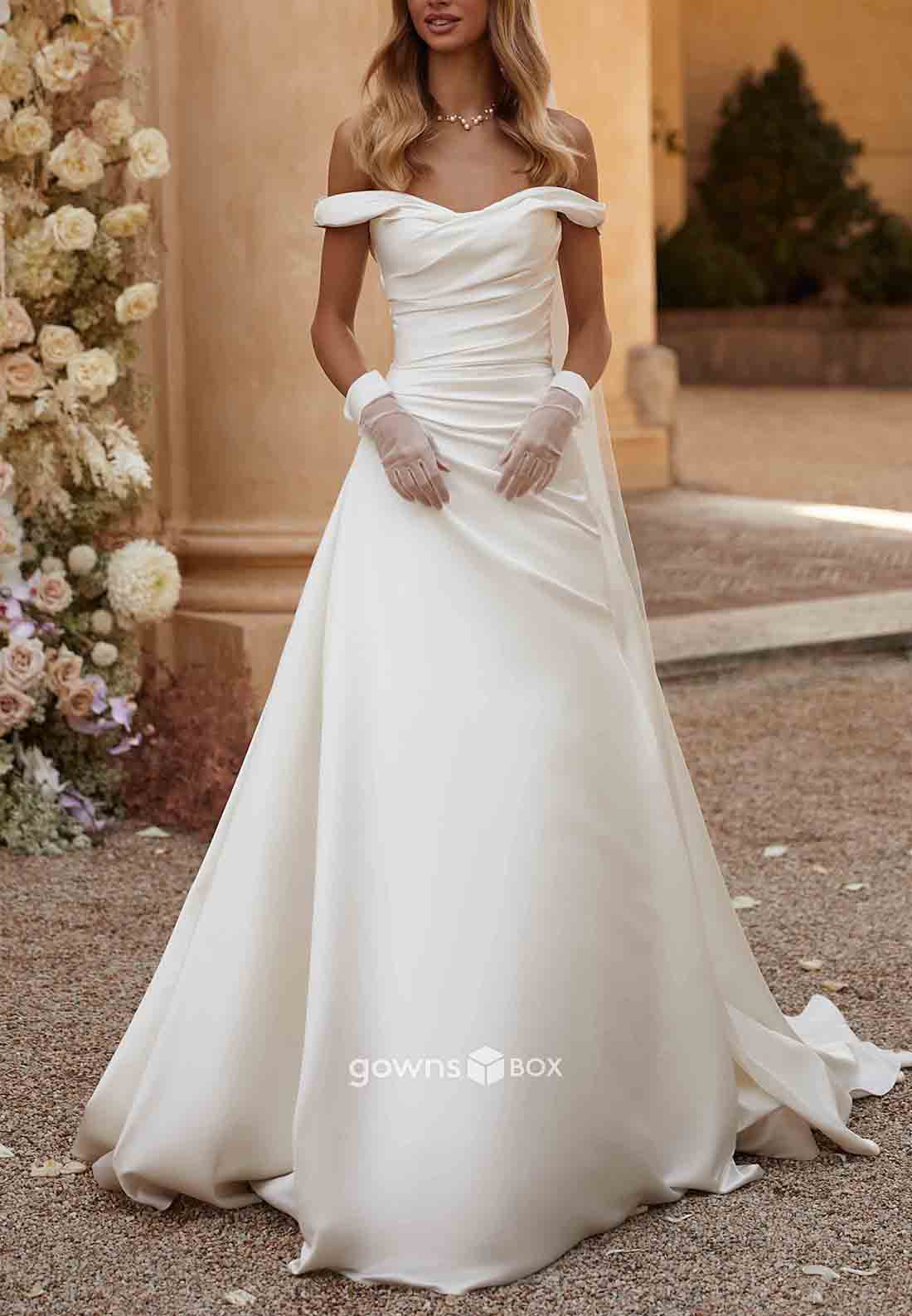 Off-Shoulder Elastic Satin Pleated Sweep Train A-Line Crisscross Back Wedding Dresses-GownsBox
