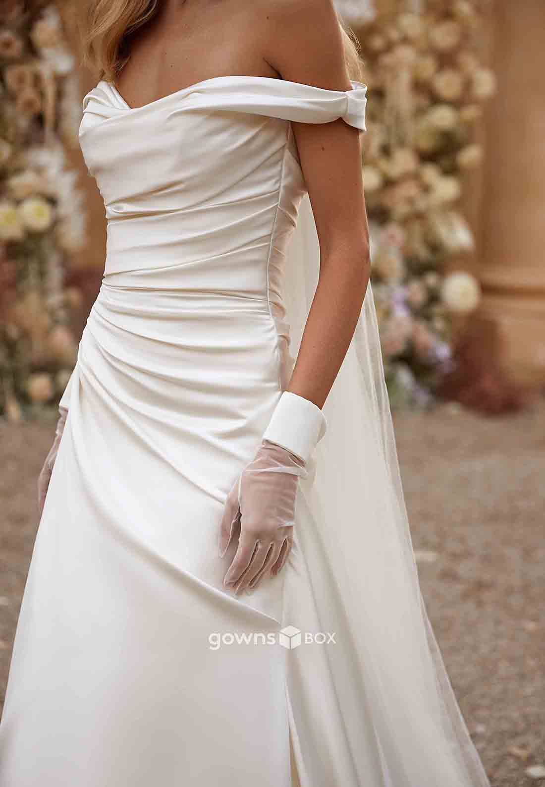 Off-Shoulder Elastic Satin Pleated Sweep Train A-Line Crisscross Back Wedding Dresses-GownsBox