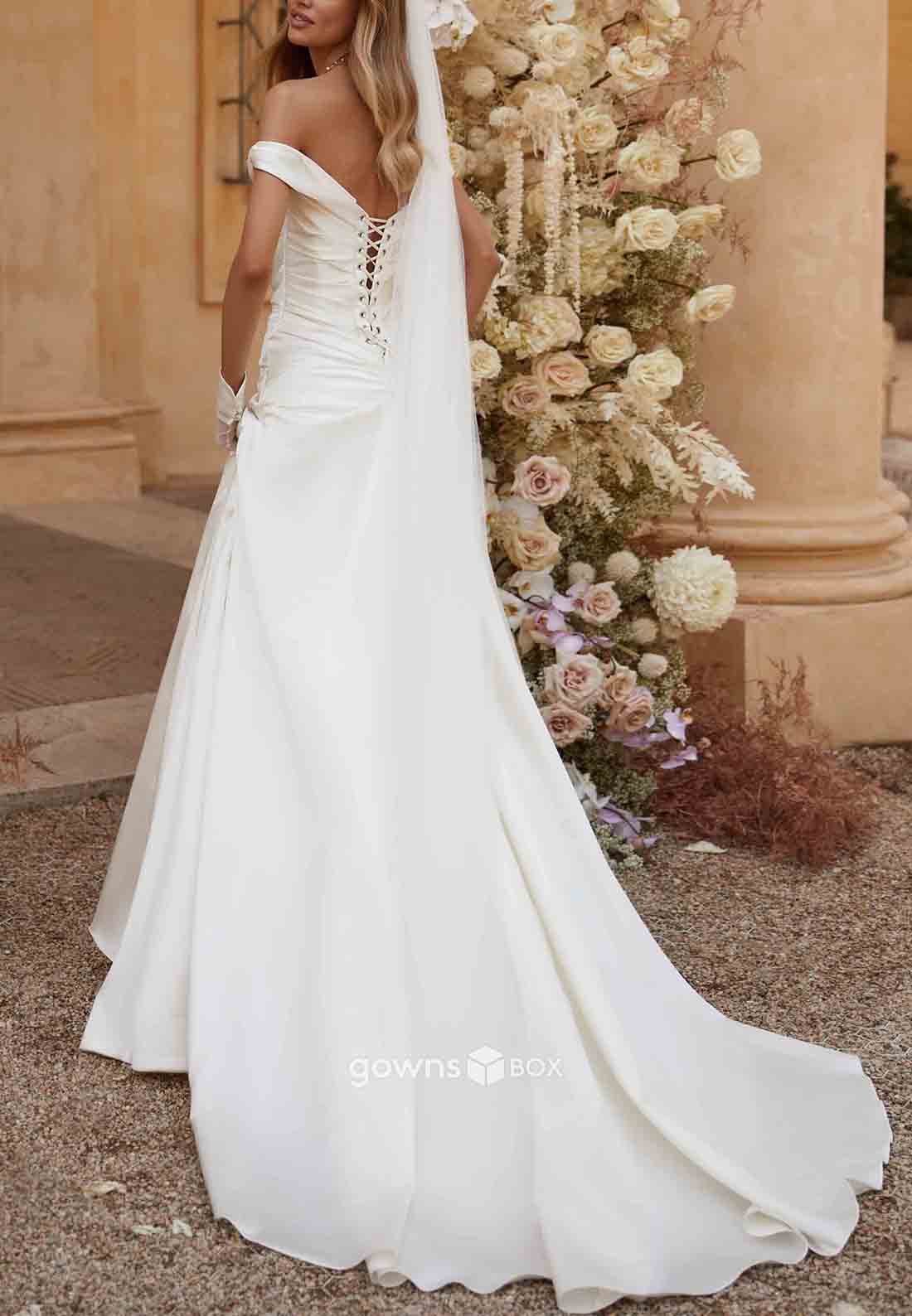 Off-Shoulder Elastic Satin Pleated Sweep Train A-Line Crisscross Back Wedding Dresses-GownsBox