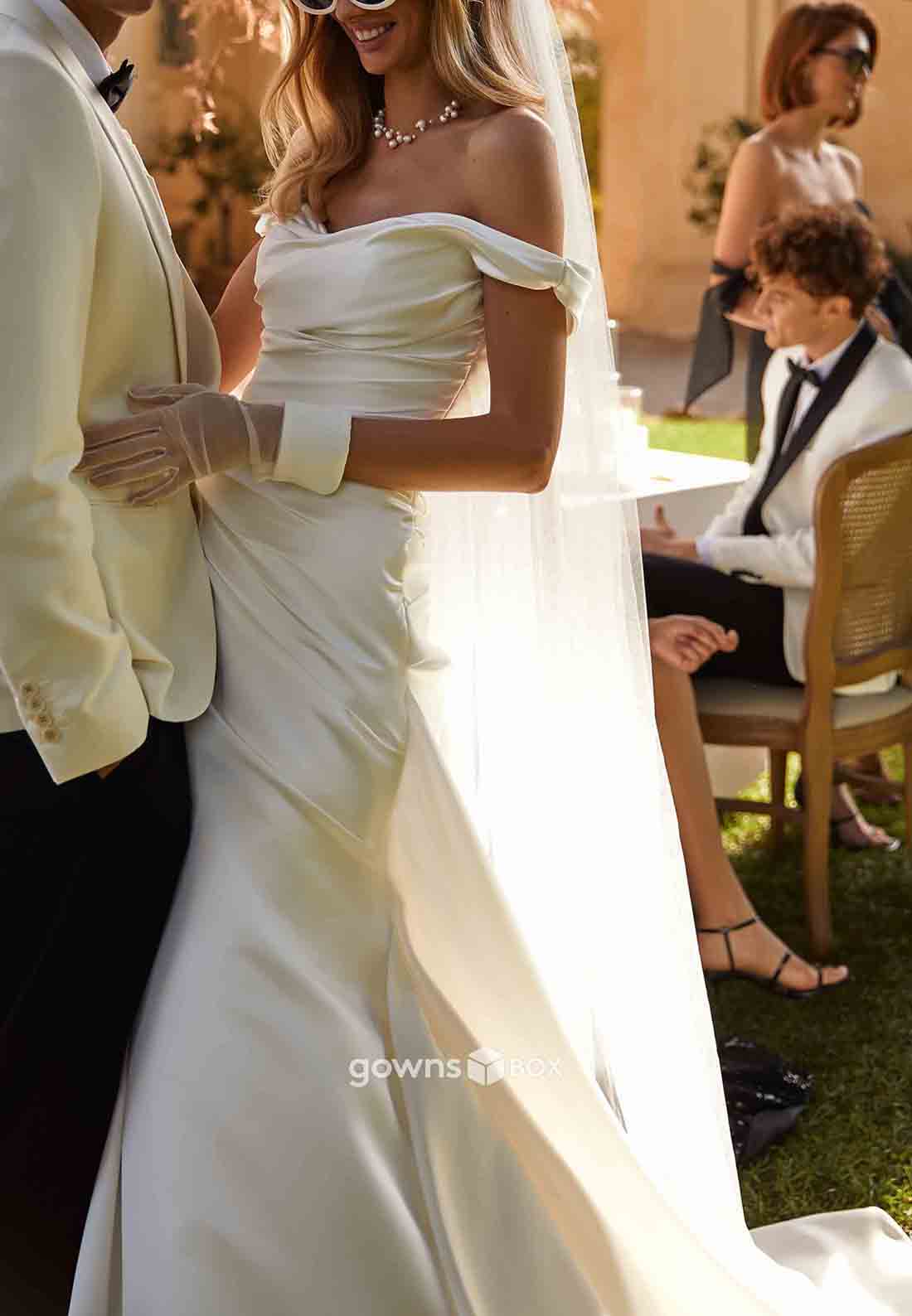 Off-Shoulder Elastic Satin Pleated Sweep Train A-Line Crisscross Back Wedding Dresses-GownsBox