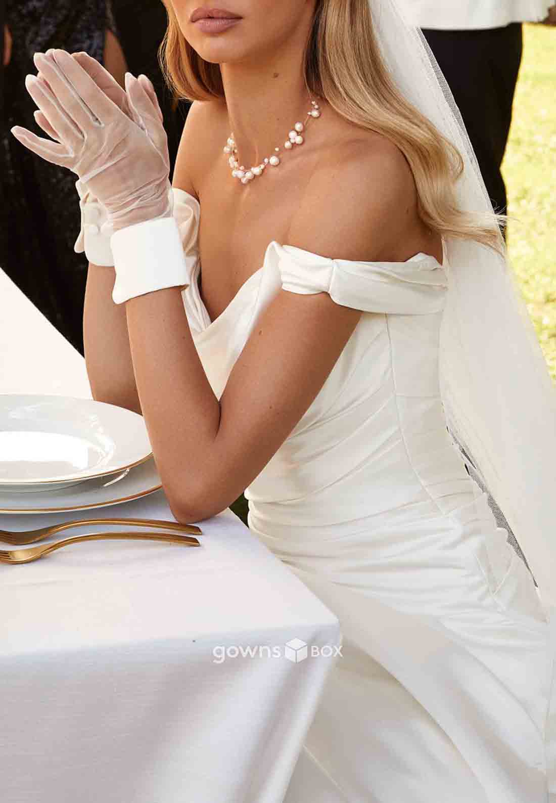 Off-Shoulder Elastic Satin Pleated Sweep Train A-Line Crisscross Back Wedding Dresses-GownsBox