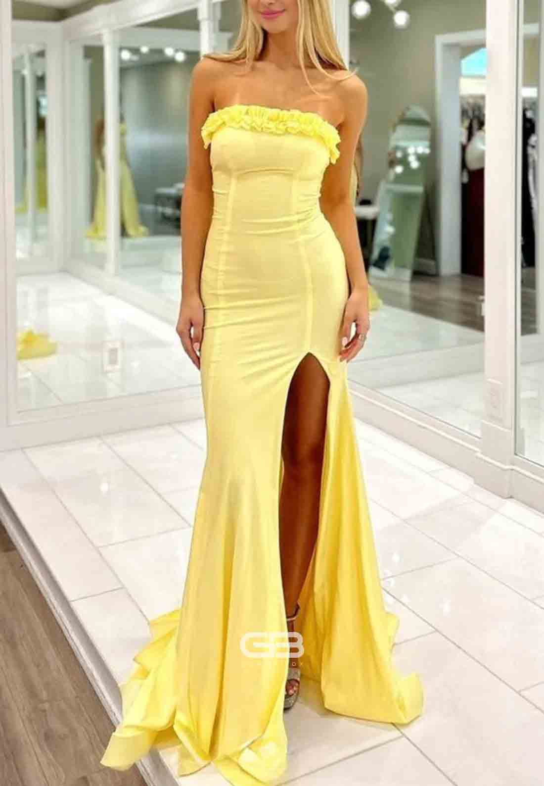 Strapless Mermaid Ruffles Strapless Mermaid Long Prom Dresses with Side Slit