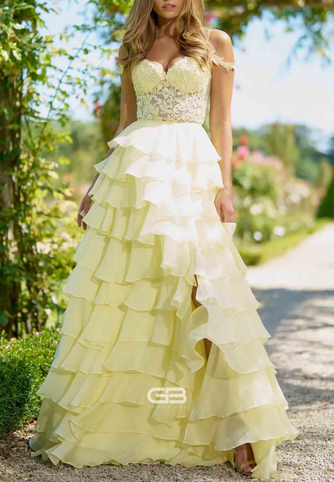 Yellow Off the Shoulder Sweetheart A-Line Empire Prom Dresses with Ruffles