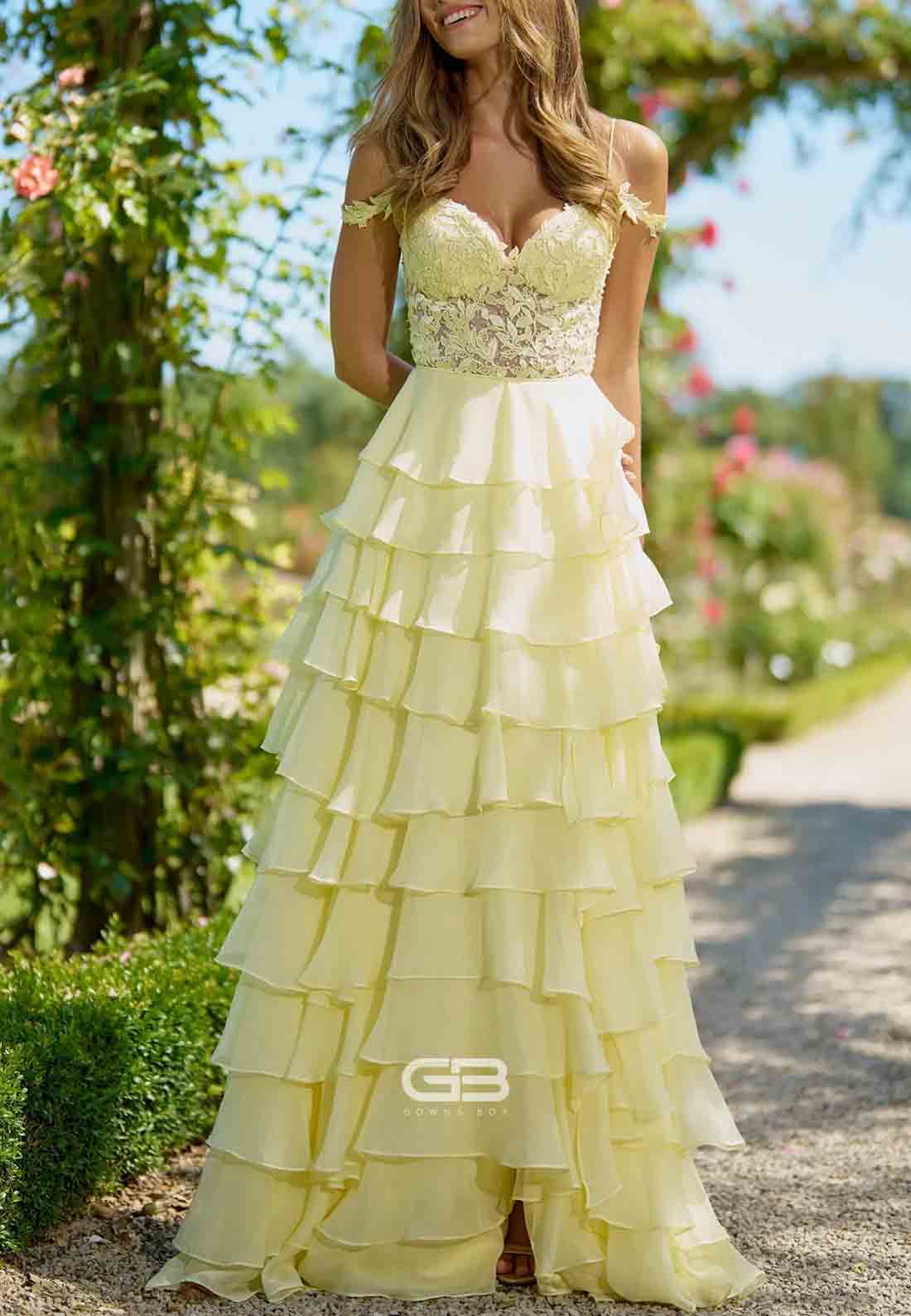 Yellow Off the Shoulder Sweetheart A-Line Empire Prom Dresses with Ruffles