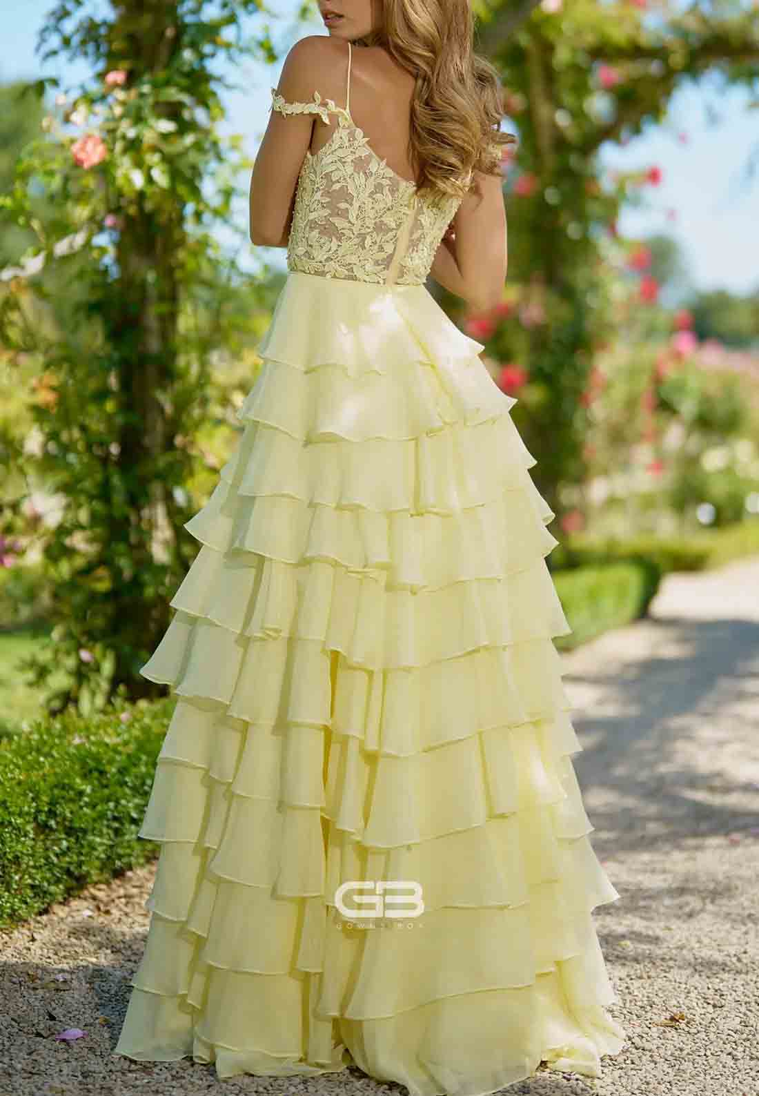 Yellow Off the Shoulder Sweetheart A-Line Empire Prom Dresses with Ruffles