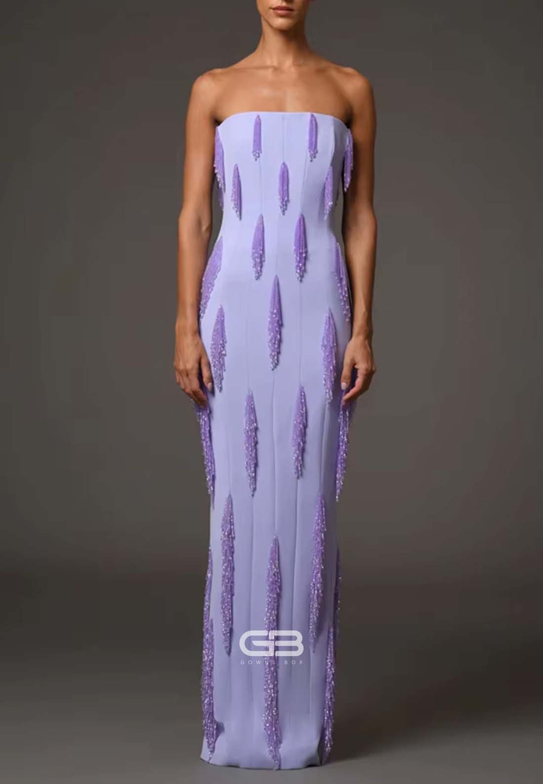 Violet Strapless Sheath Back Zipper Floor-Length Evening Gowns with Tassel