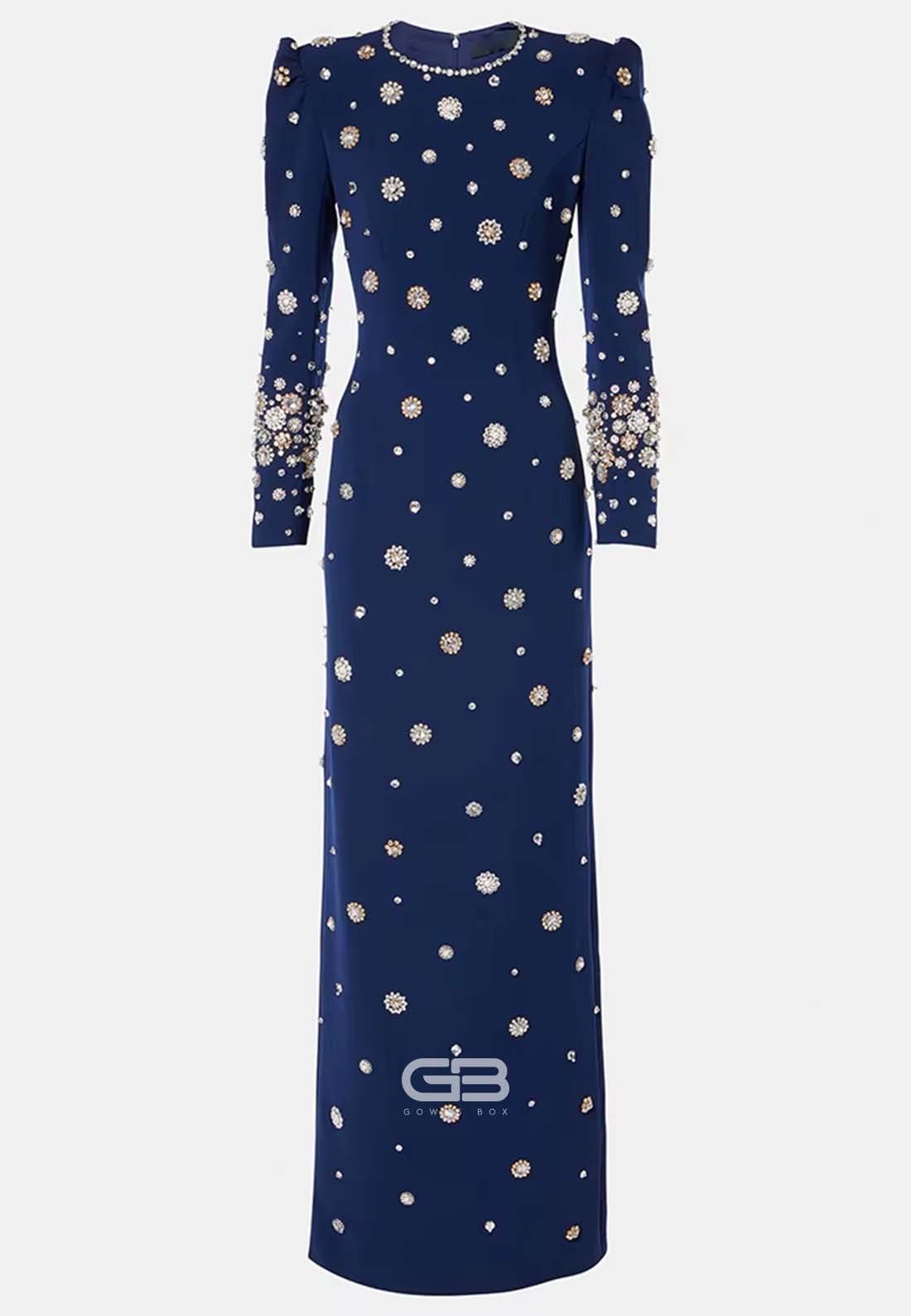 Sheath Long Sleeves Trim Formal Gowns Scoop Evening Gowns with Rhinestone