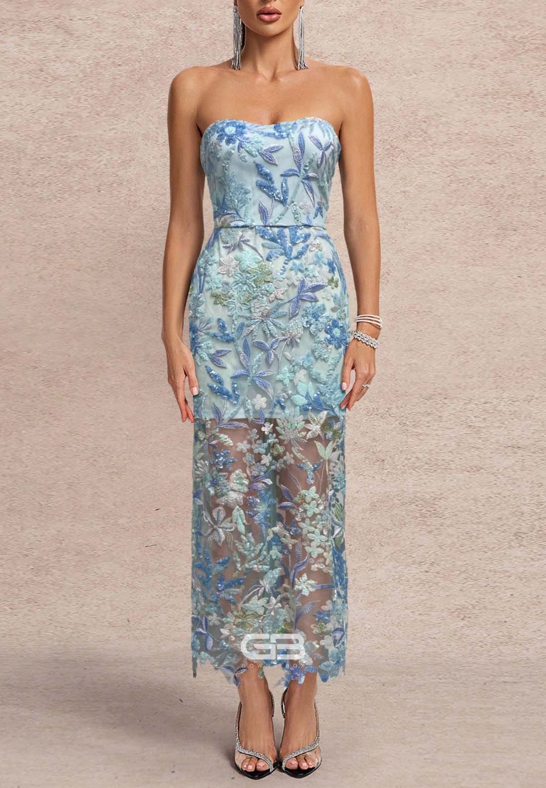 Elegant Sweetheart Embroidery Beaded Wedding Guest Strapless Ankle-Length Formal Dress