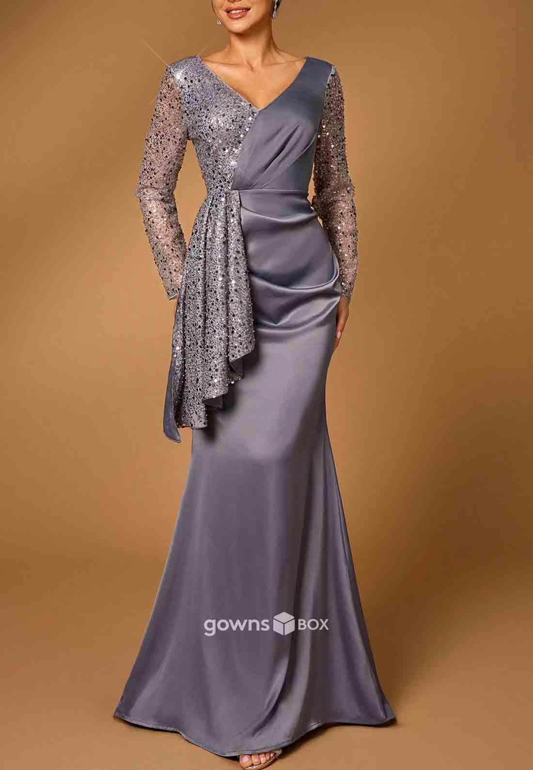 Long Sleeves Sequined V-Neck Mother of Bride Dresses Trumpet Pleated Floor-Length Evening Gowns-GownsBox