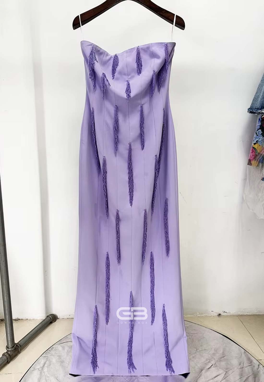 Violet Strapless Sheath Back Zipper Floor-Length Evening Gowns with Tassel