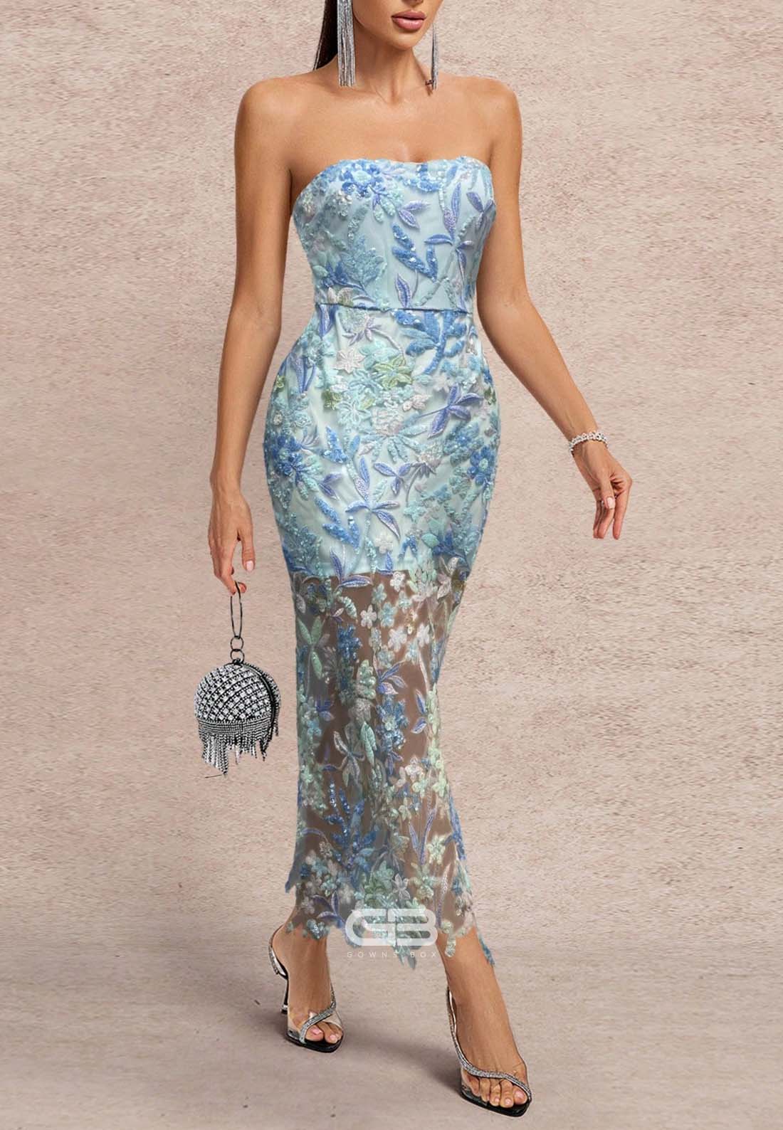 Elegant Sweetheart Embroidery Beaded Wedding Guest Strapless Ankle-Length Formal Dress