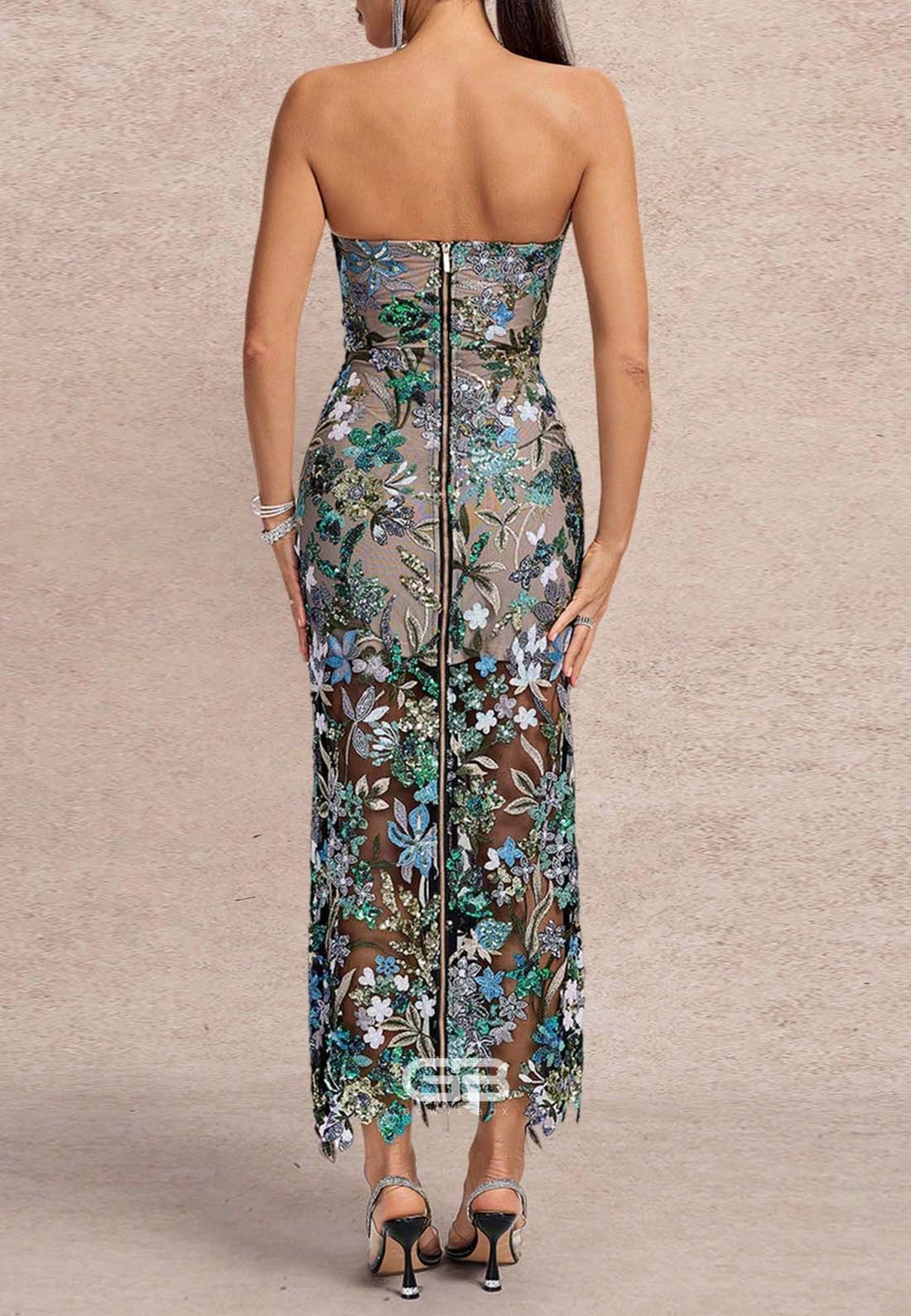 Elegant Sweetheart Embroidery Beaded Wedding Guest Strapless Ankle-Length Formal Dress