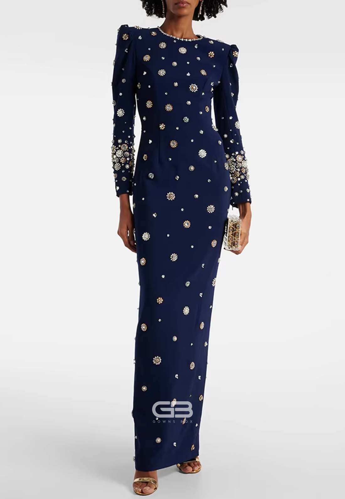 Sheath Long Sleeves Trim Formal Gowns Scoop Evening Gowns with Rhinestone