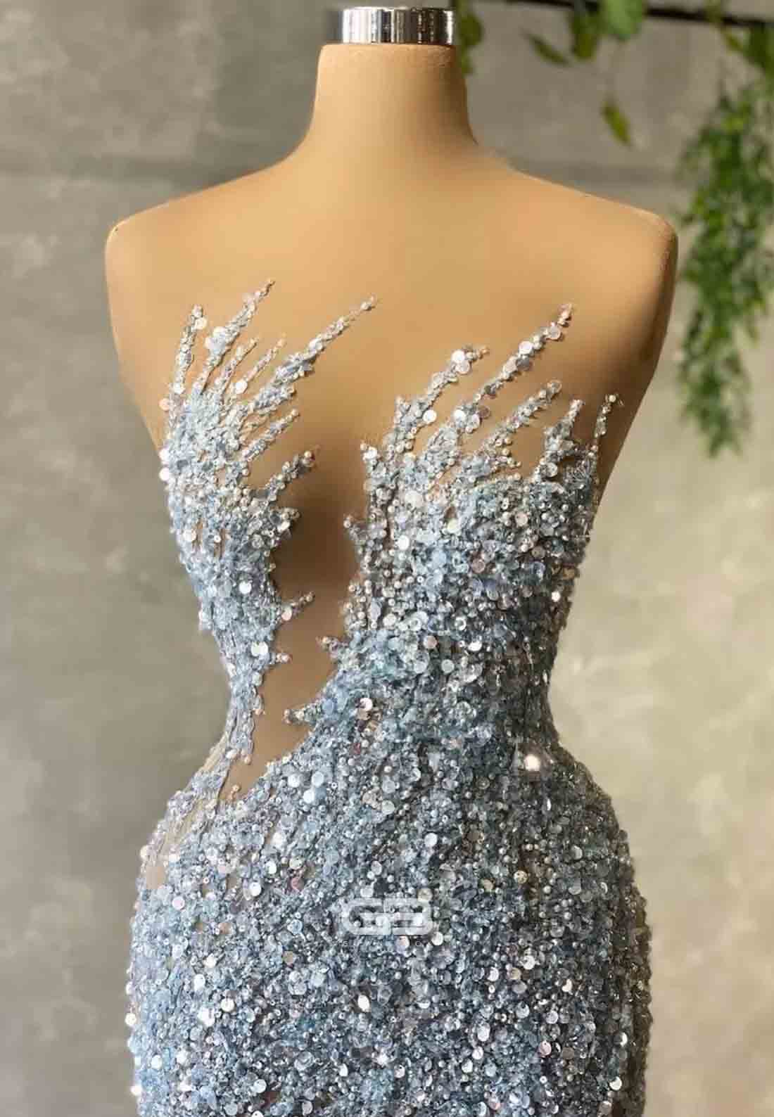 Sparkly Illusion Sequined Strapless Court Train Mermaid Prom Dresses