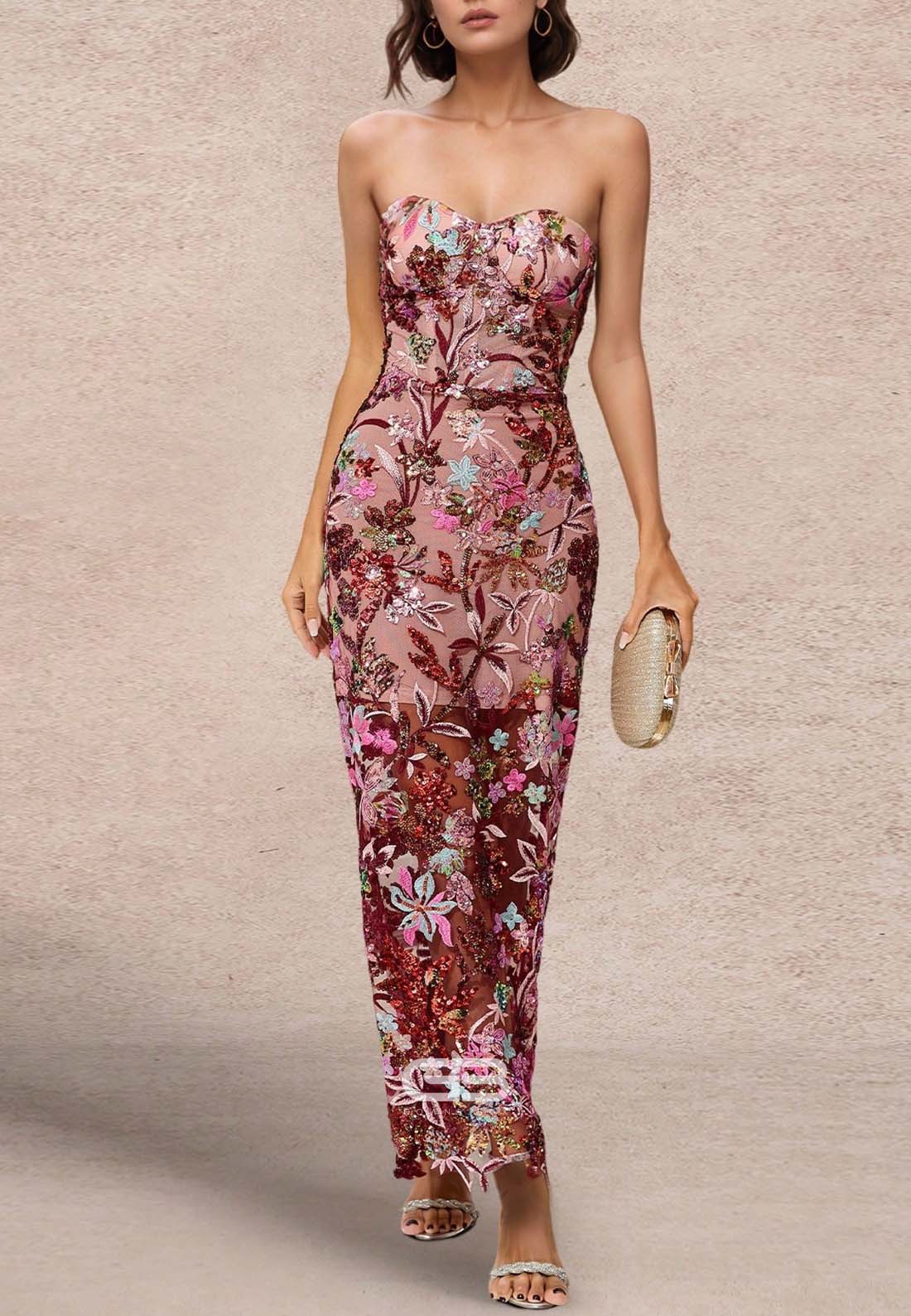 Elegant Sweetheart Embroidery Beaded Wedding Guest Strapless Ankle-Length Formal Dress